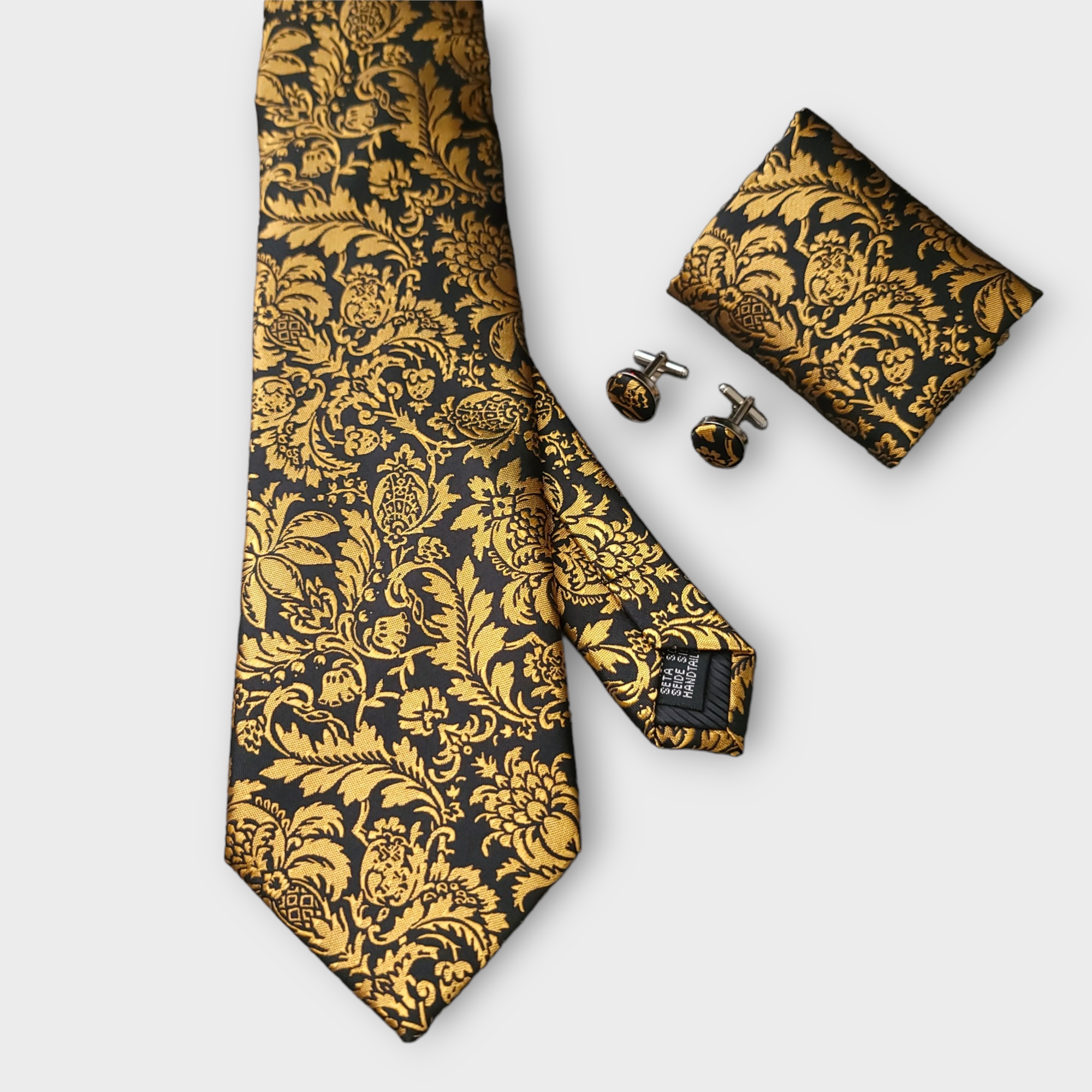 Black Gold Copper Floral Silk Tie Pocket Square Cufflink Set