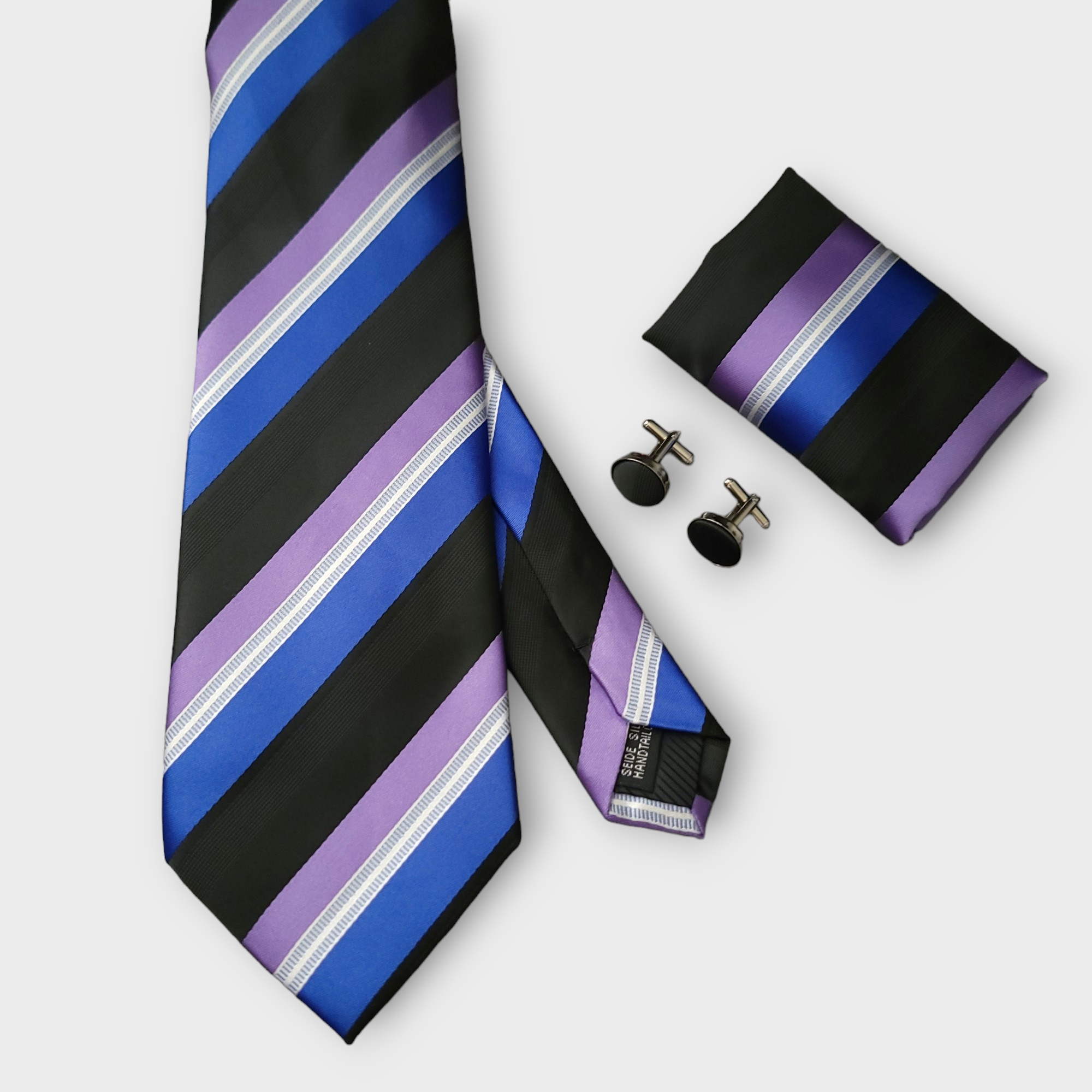 Black Purple Blue Stripe Silk Tie Pocket Square Cufflink Set