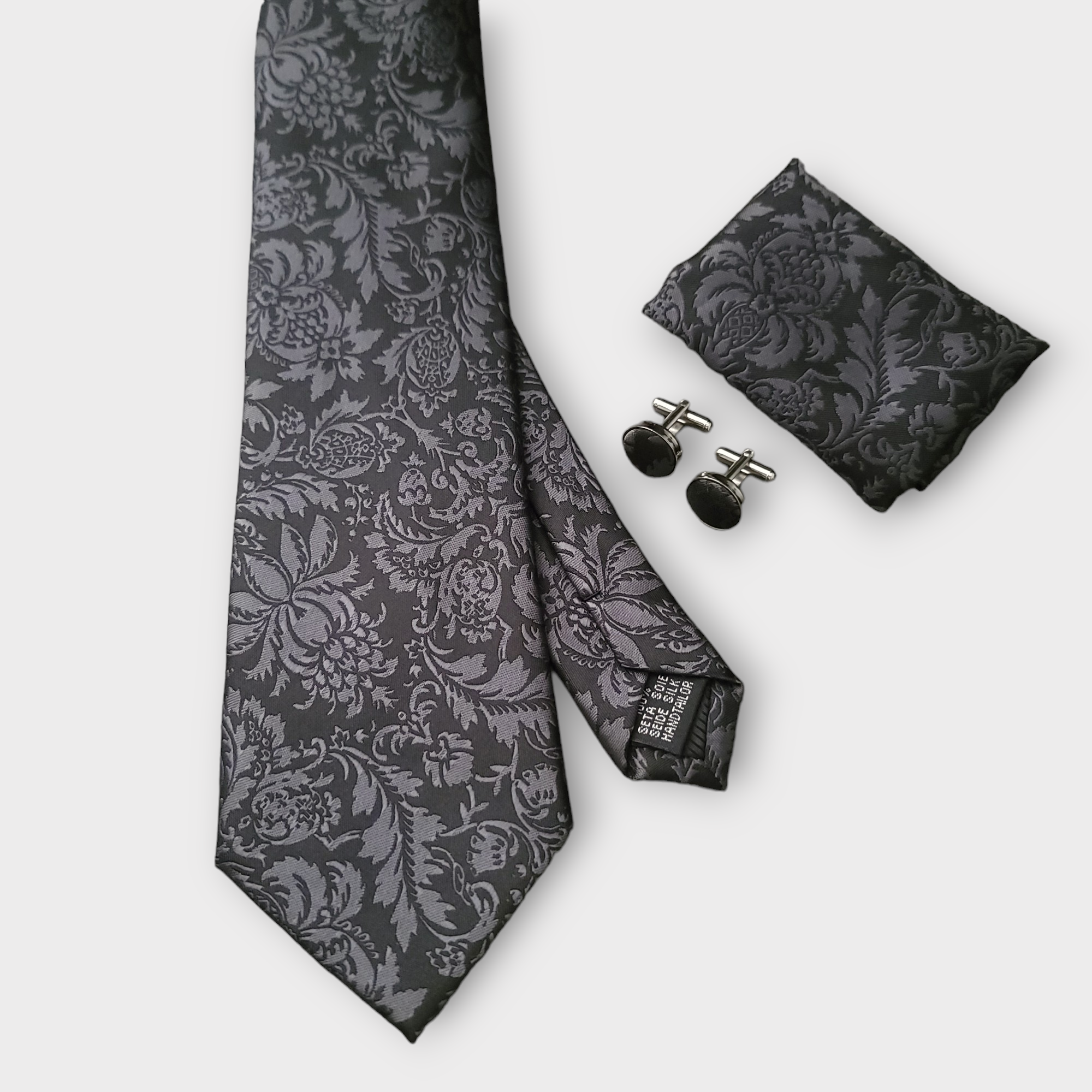 Black Gray Floral Silk Tie Pocket Square Cufflink Set