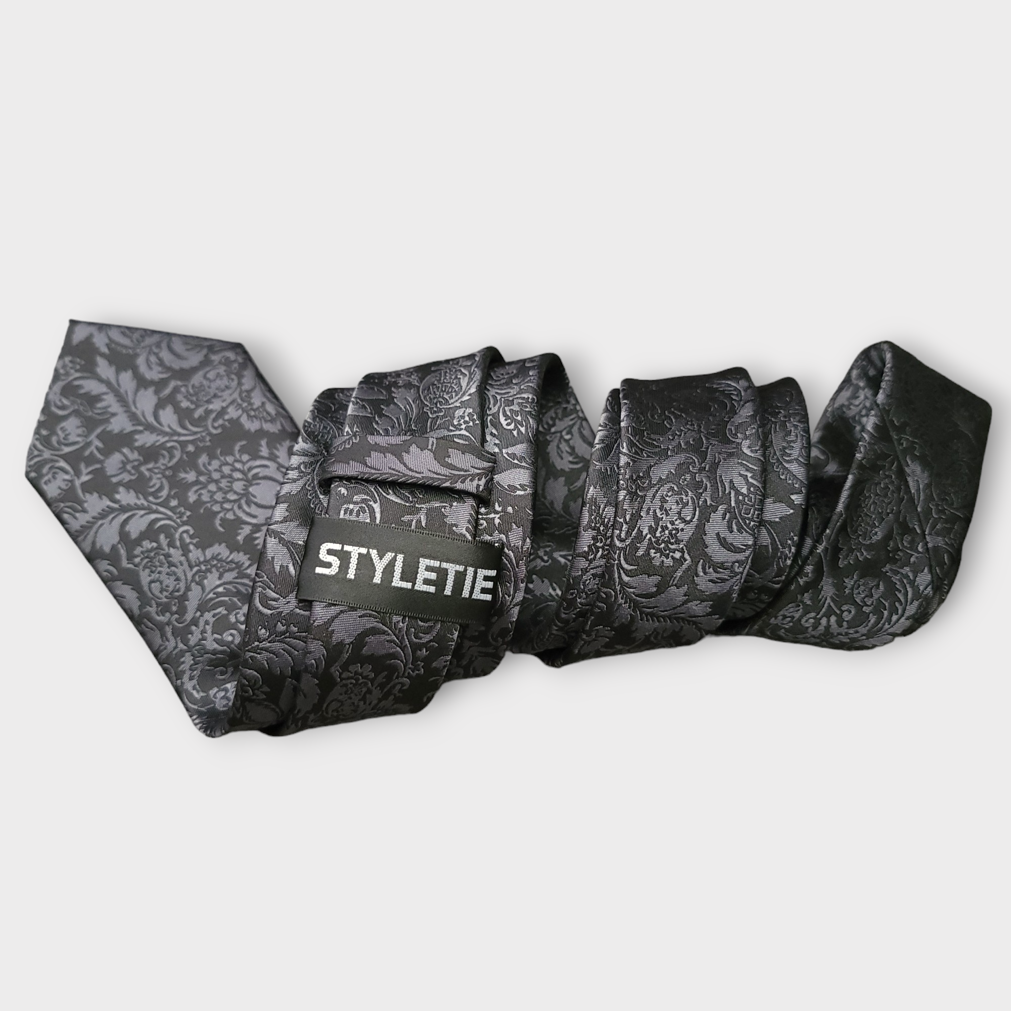 Black Gray Floral Silk Tie Pocket Square Cufflink Set