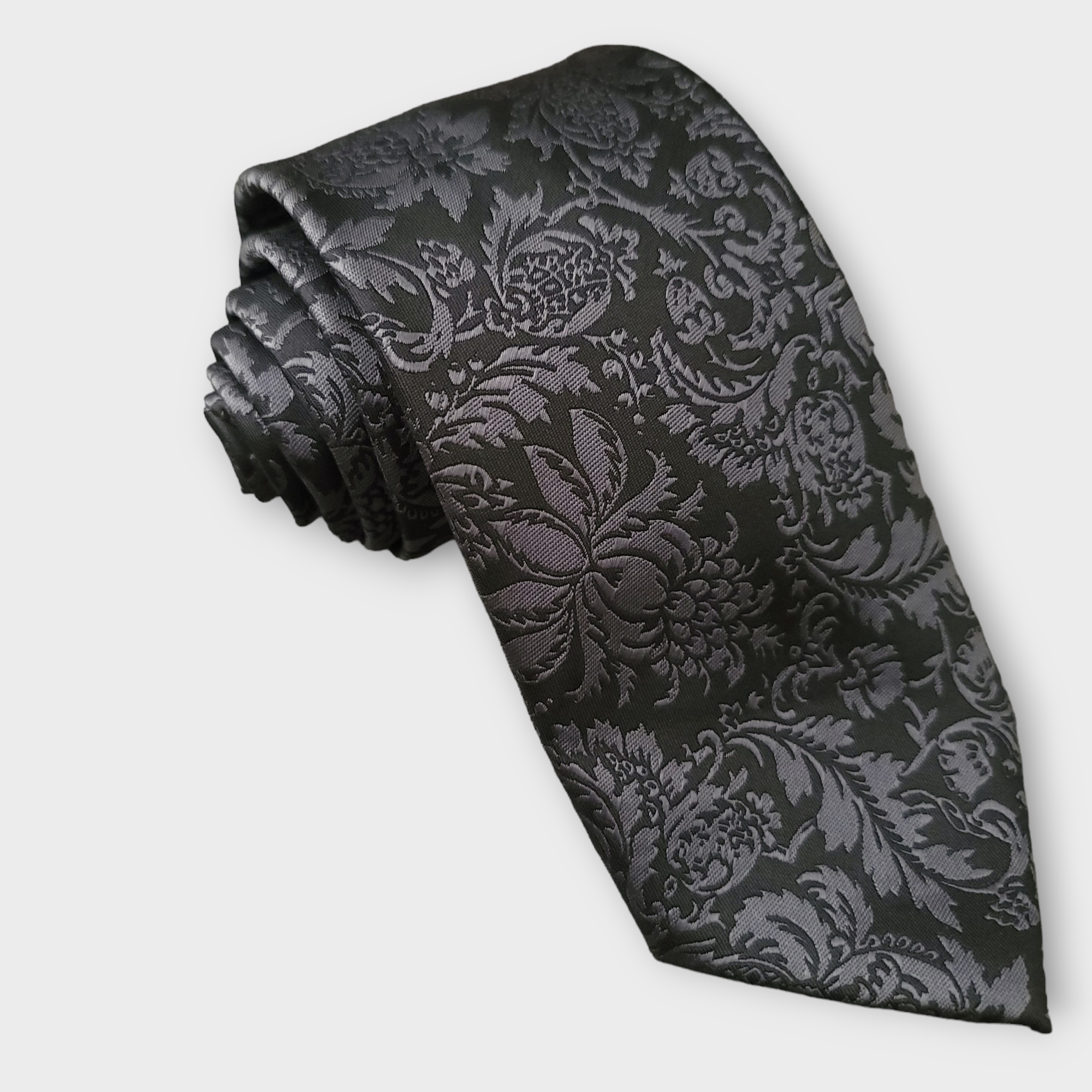 Black Gray Floral Silk Tie Pocket Square Cufflink Set