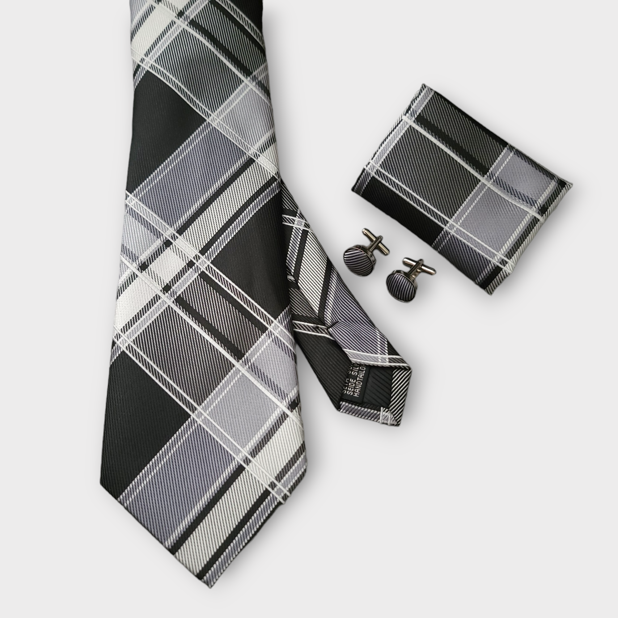 Black Gray Plaid Silk Tie Pocket Square Cufflink Set