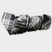 Black Gray Plaid Silk Tie Pocket Square Cufflink Set