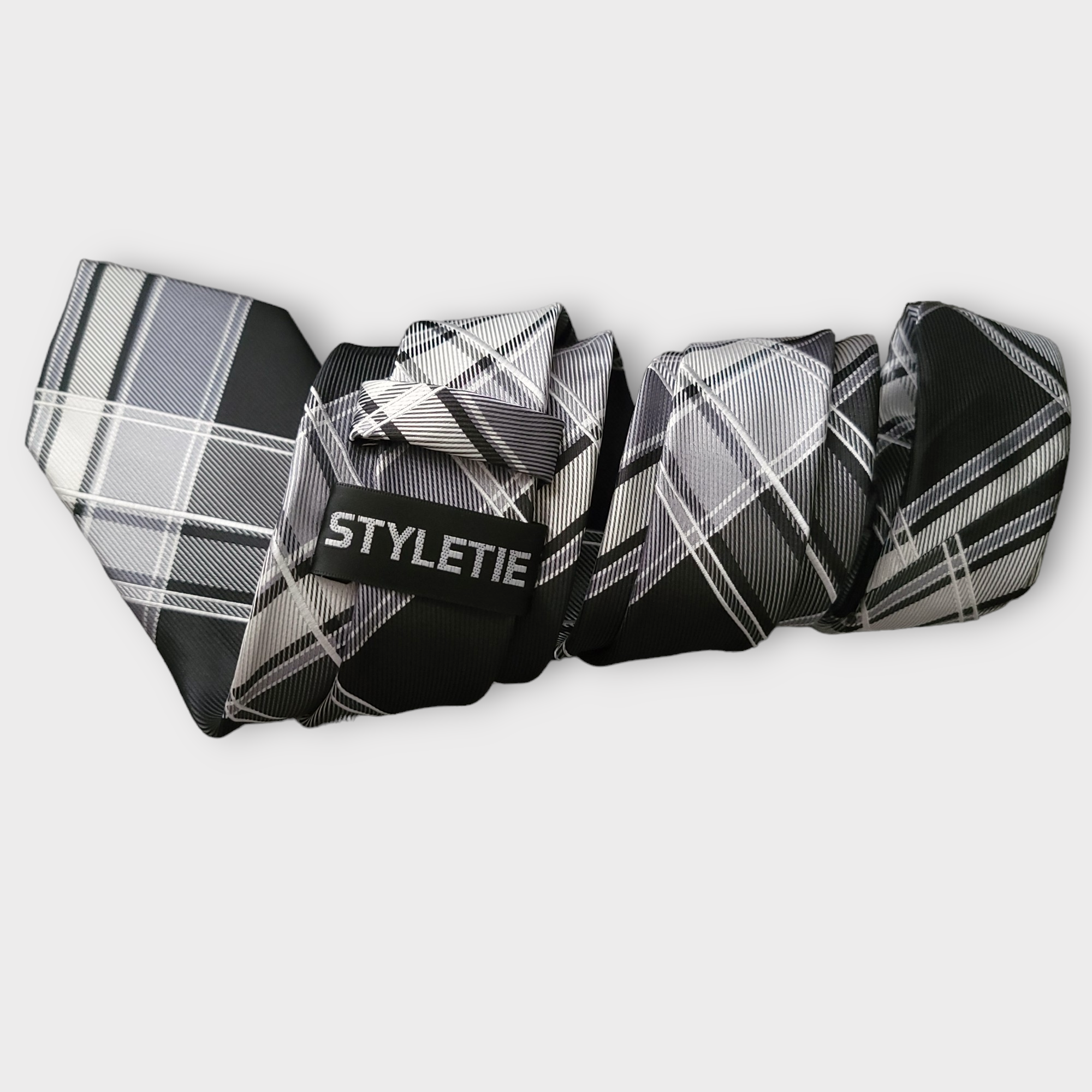 Black Gray Plaid Silk Tie Pocket Square Cufflink Set