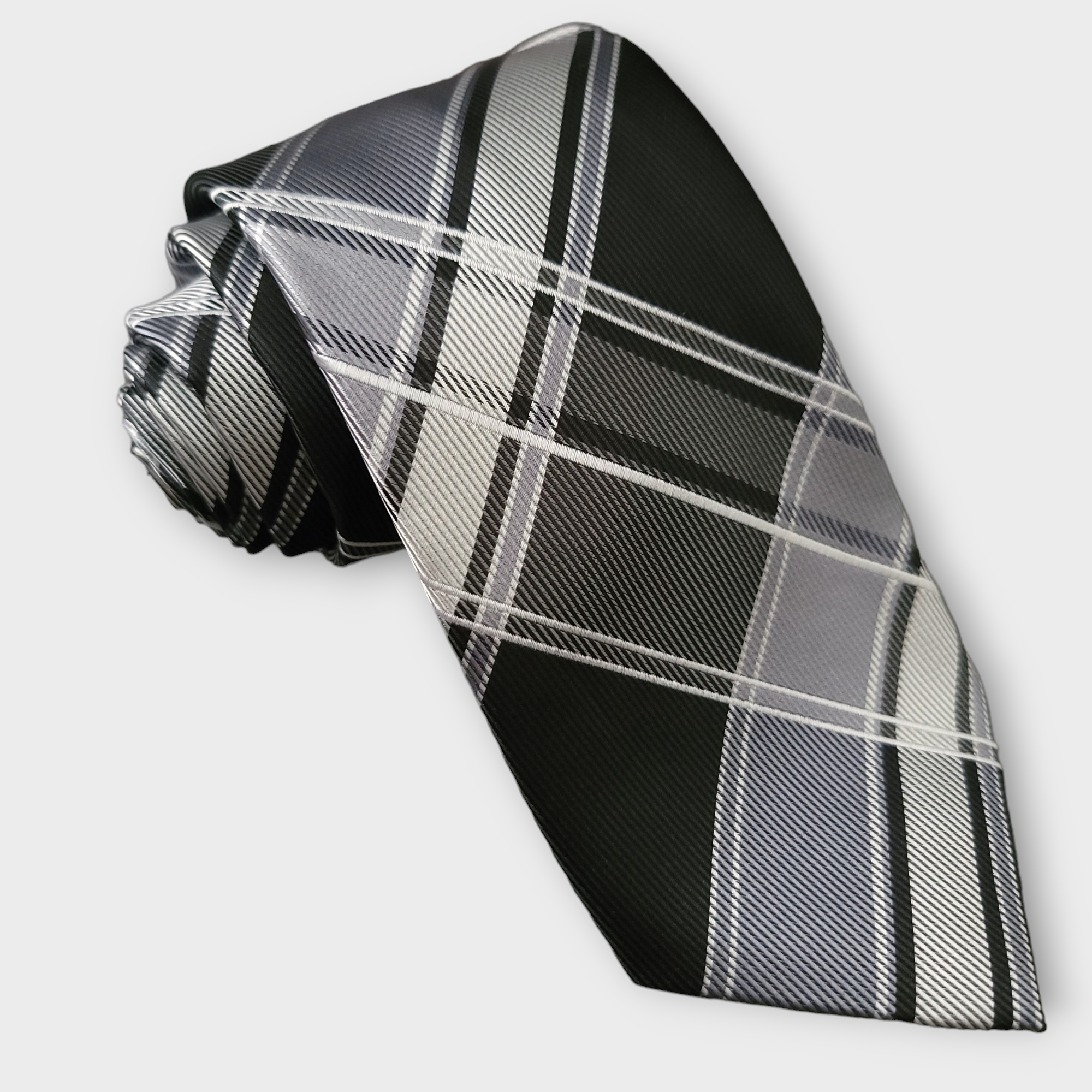 Black Gray Plaid Silk Tie Pocket Square Cufflink Set