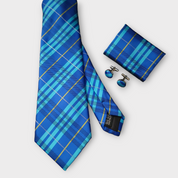 Bright Blue Plaid Silk Tie Pocket Square Cufflink Set