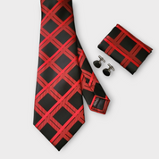 Black Red Plaid Silk Tie Pocket Square Cufflink Set