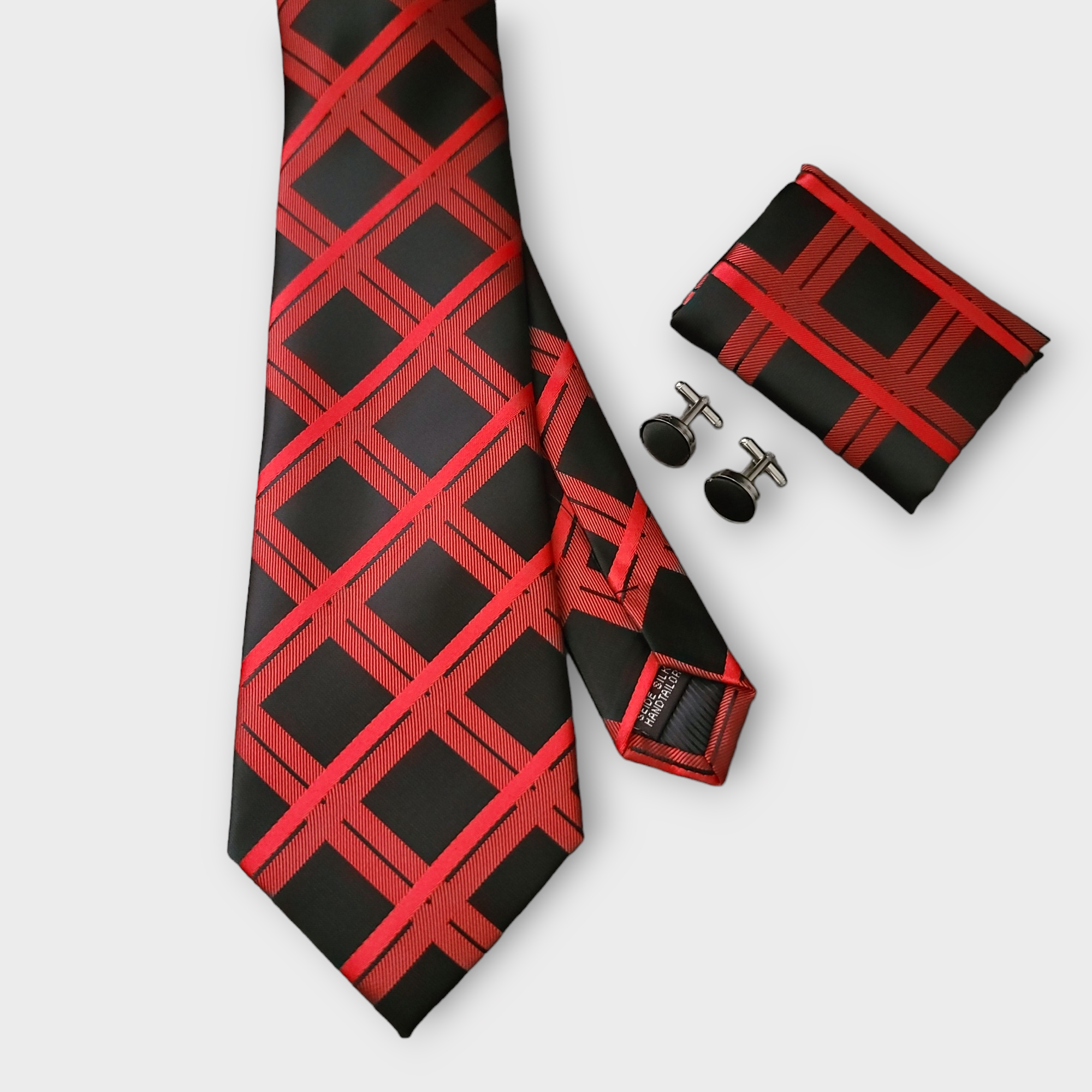 Black Red Plaid Silk Tie Pocket Square Cufflink Set