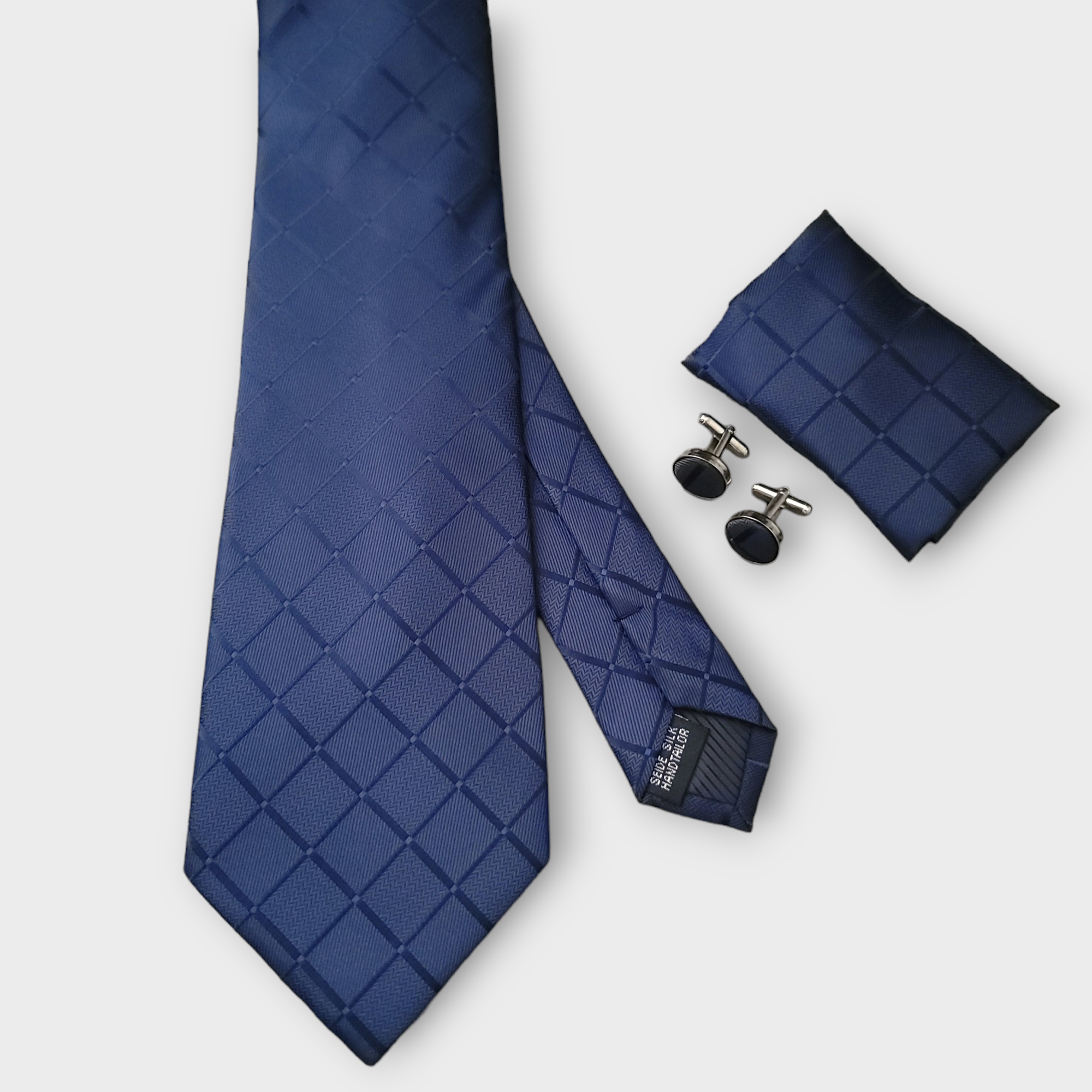 Extra Long Navy Blue Plaid Tie Pocket Square Cufflink Set