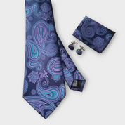 Extra Long Black Navy Blue Purple Paisley Tie Pocket Square Cufflink Set