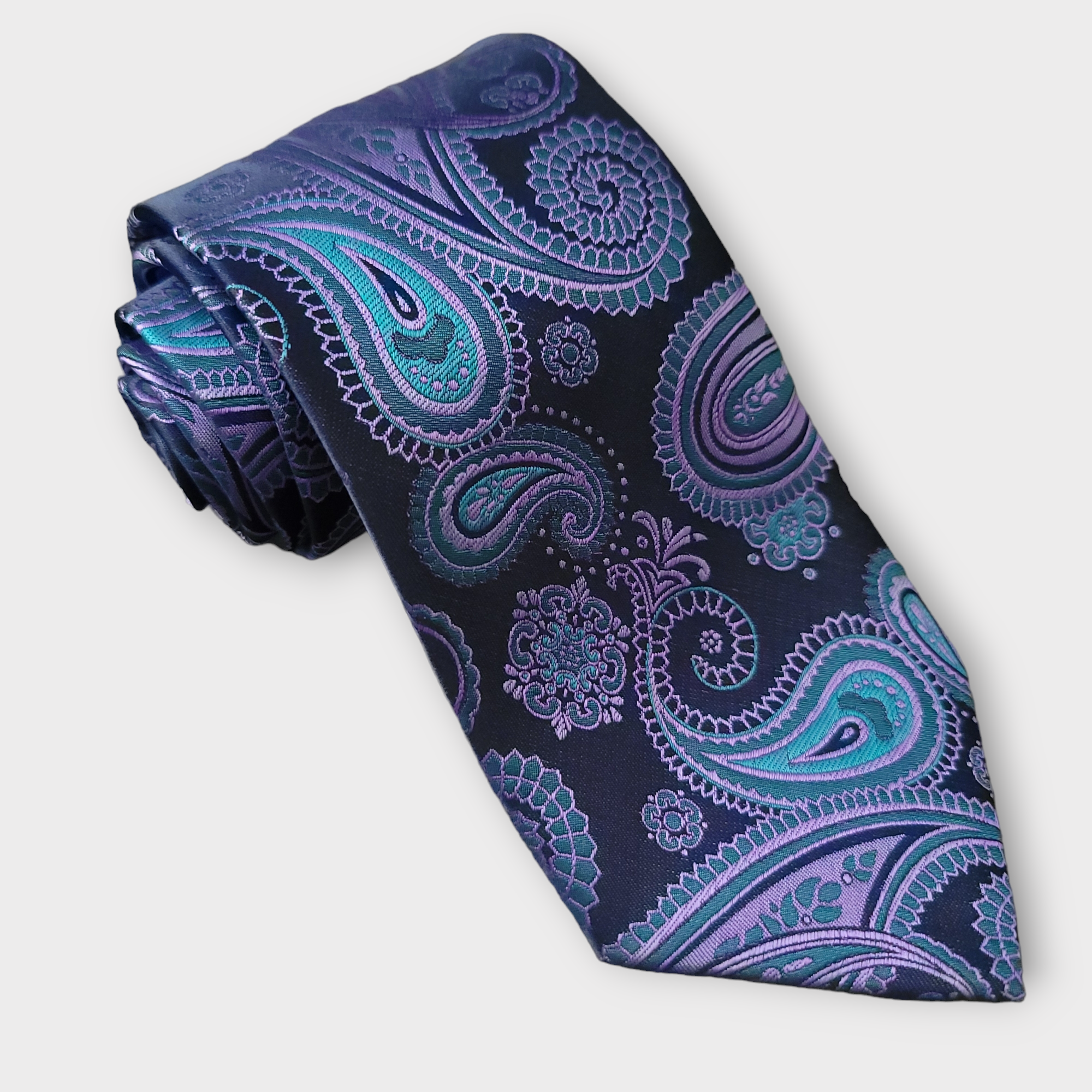Extra Long Black Navy Blue Purple Paisley Tie Pocket Square Cufflink Set