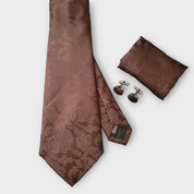 Extra Long Brown Floral Tie Pocket Square Cufflink Set