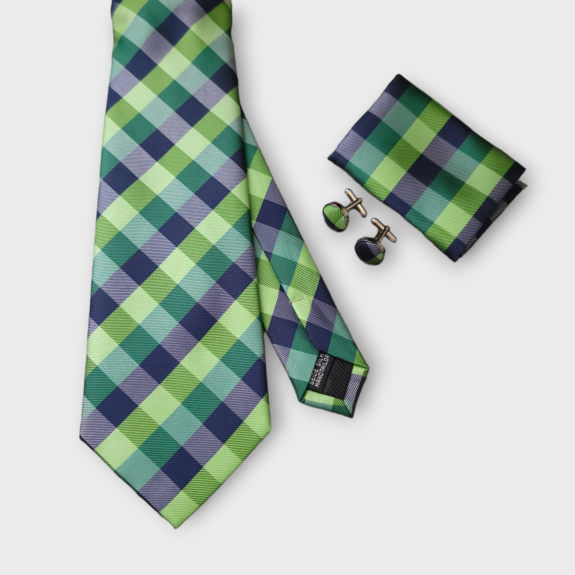 Extra Long Green Plaid Tie Pocket Square Cufflink Set