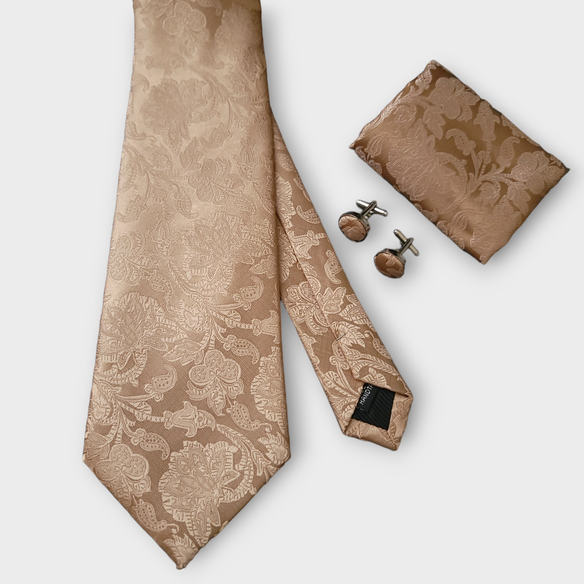 Extra Long Gold Floral Tie Pocket Square Cufflink Set