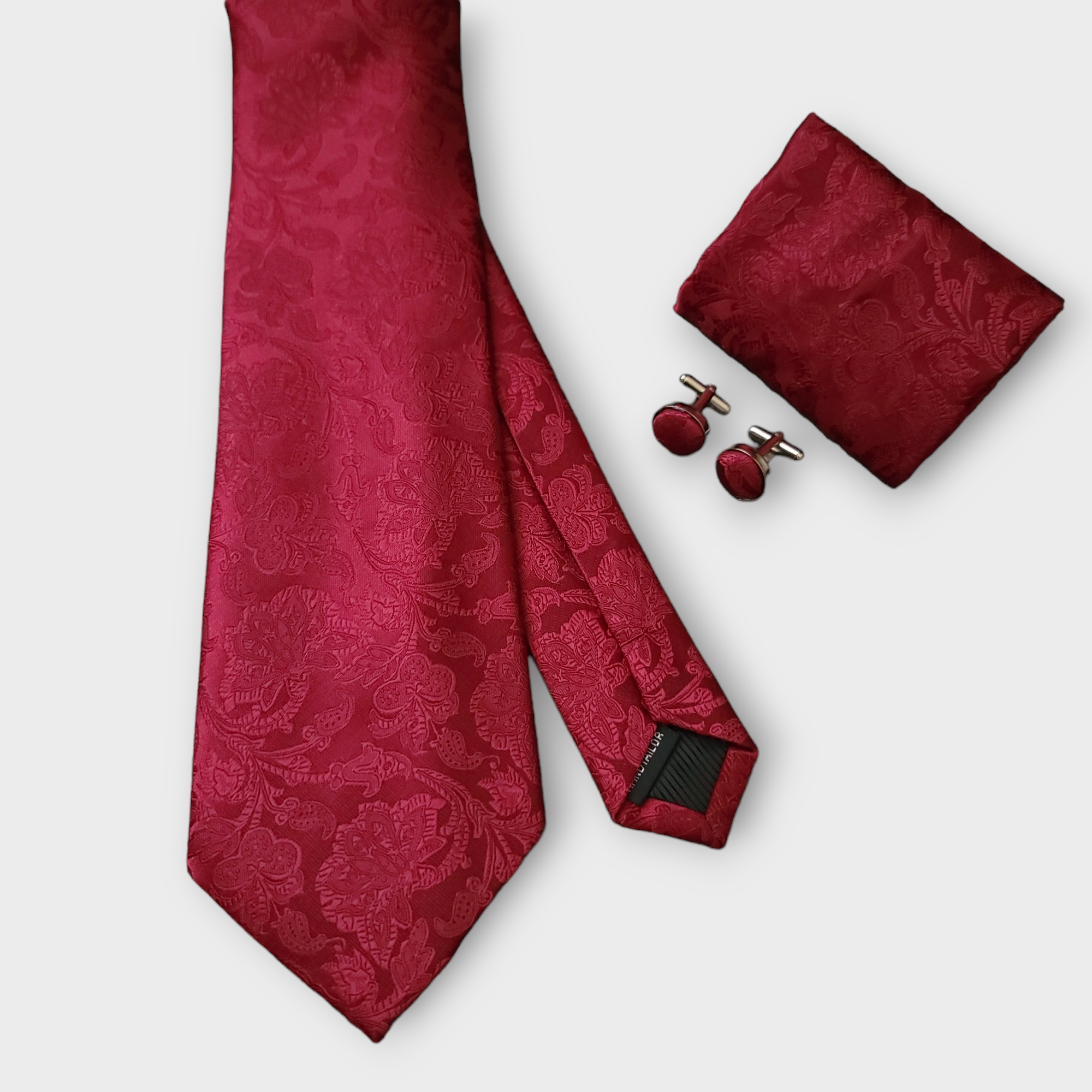 Extra Long Burgundy Floral Tie Pocket Square Cufflink Set