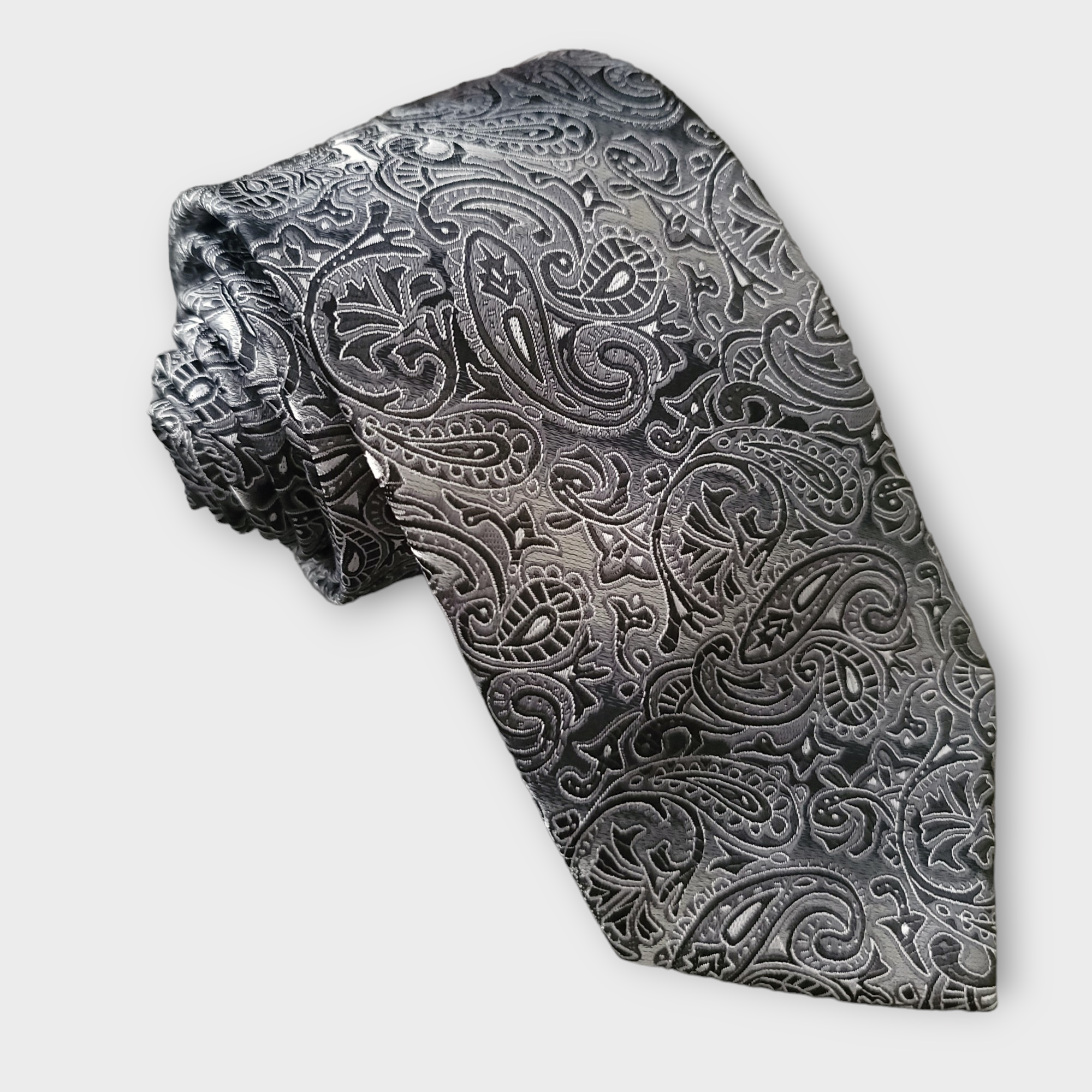 Extra Long Black White Paisley Tie Pocket Square Cufflink Set