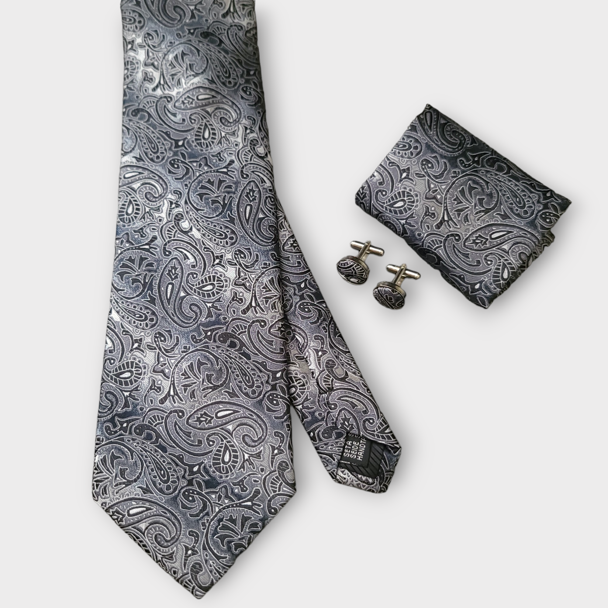 Extra Long Black White Paisley Tie Pocket Square Cufflink Set