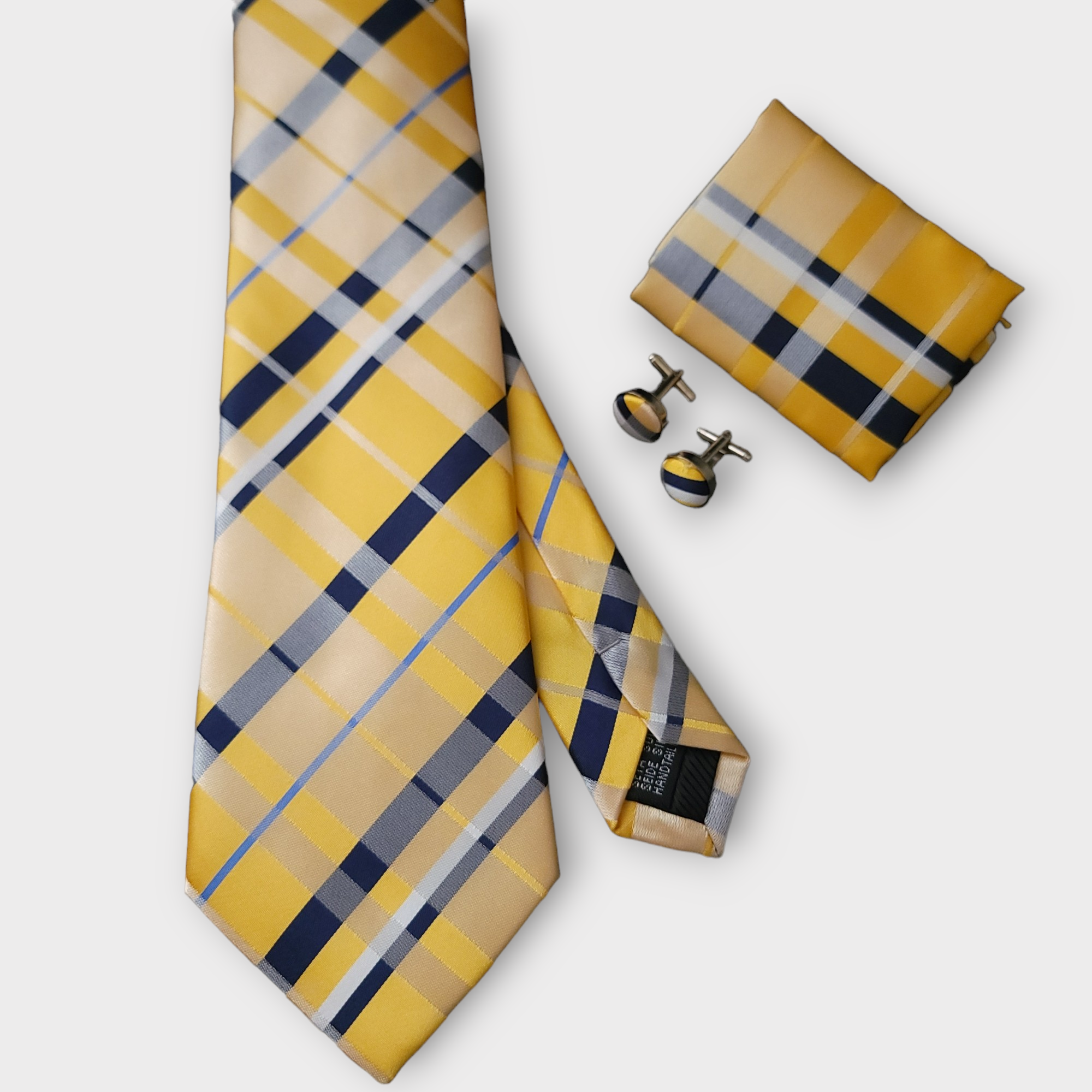 Extra Long Yellow Plaid Tie Pocket Square Cufflink Set