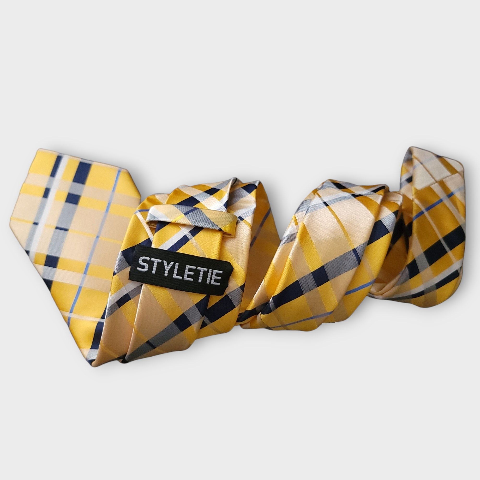 Extra Long Yellow Plaid Tie Pocket Square Cufflink Set