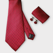 Extra Long Red Geometric Tie Pocket Square Cufflink Set