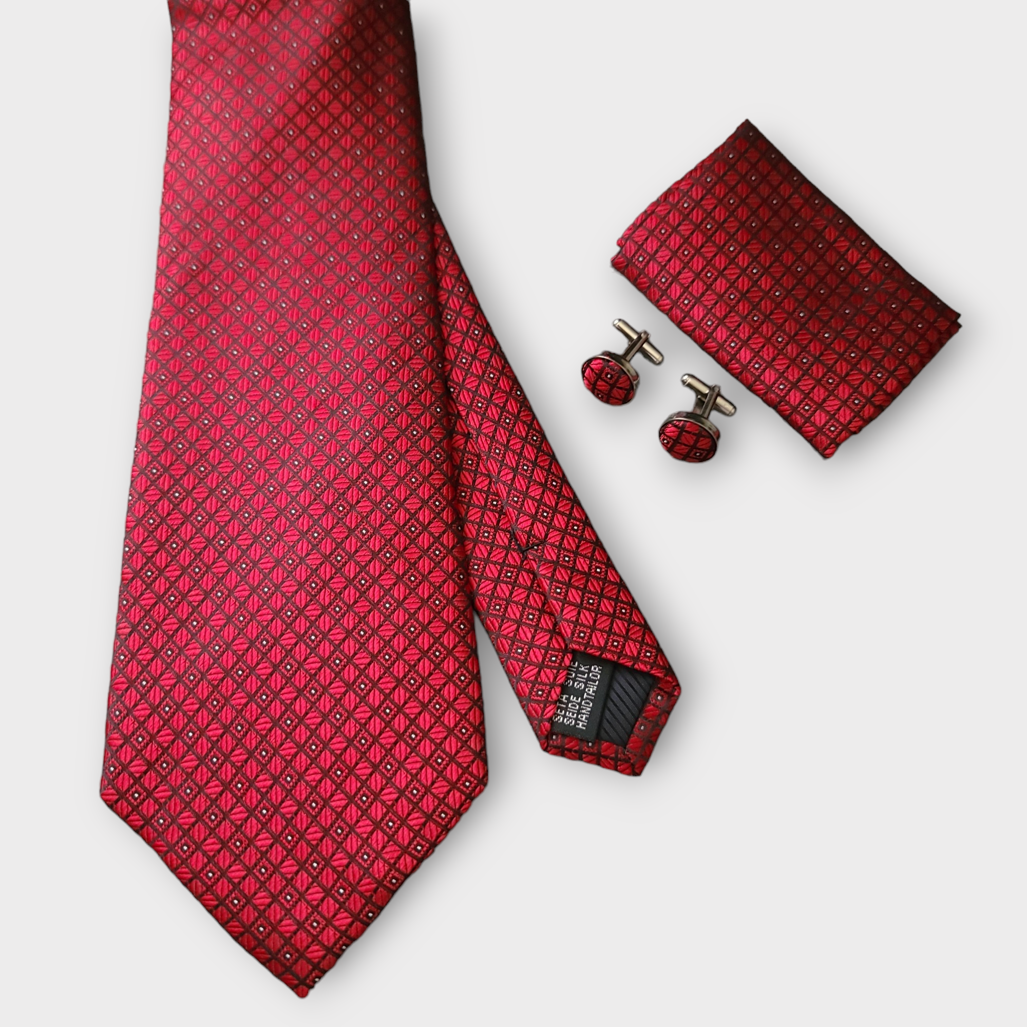 Extra Long Red Geometric Tie Pocket Square Cufflink Set