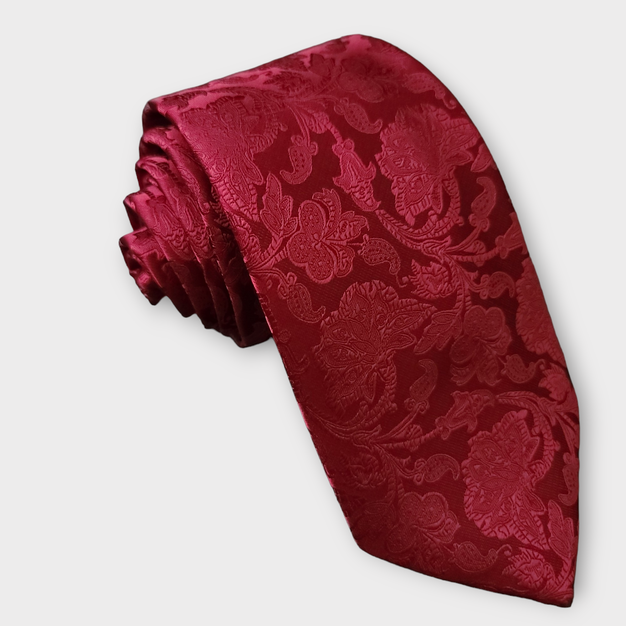 Extra Long Burgundy Floral Tie Pocket Square Cufflink Set