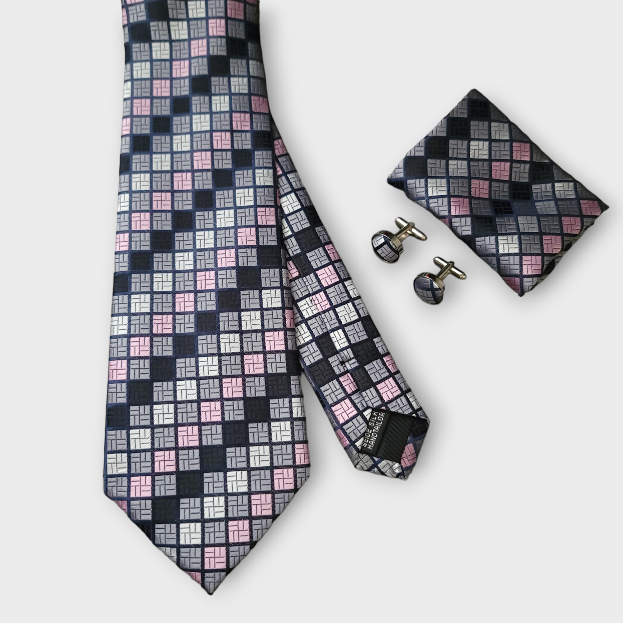 Extra Long Black Gray Pink Plaid Tie Pocket Square Cufflink Set
