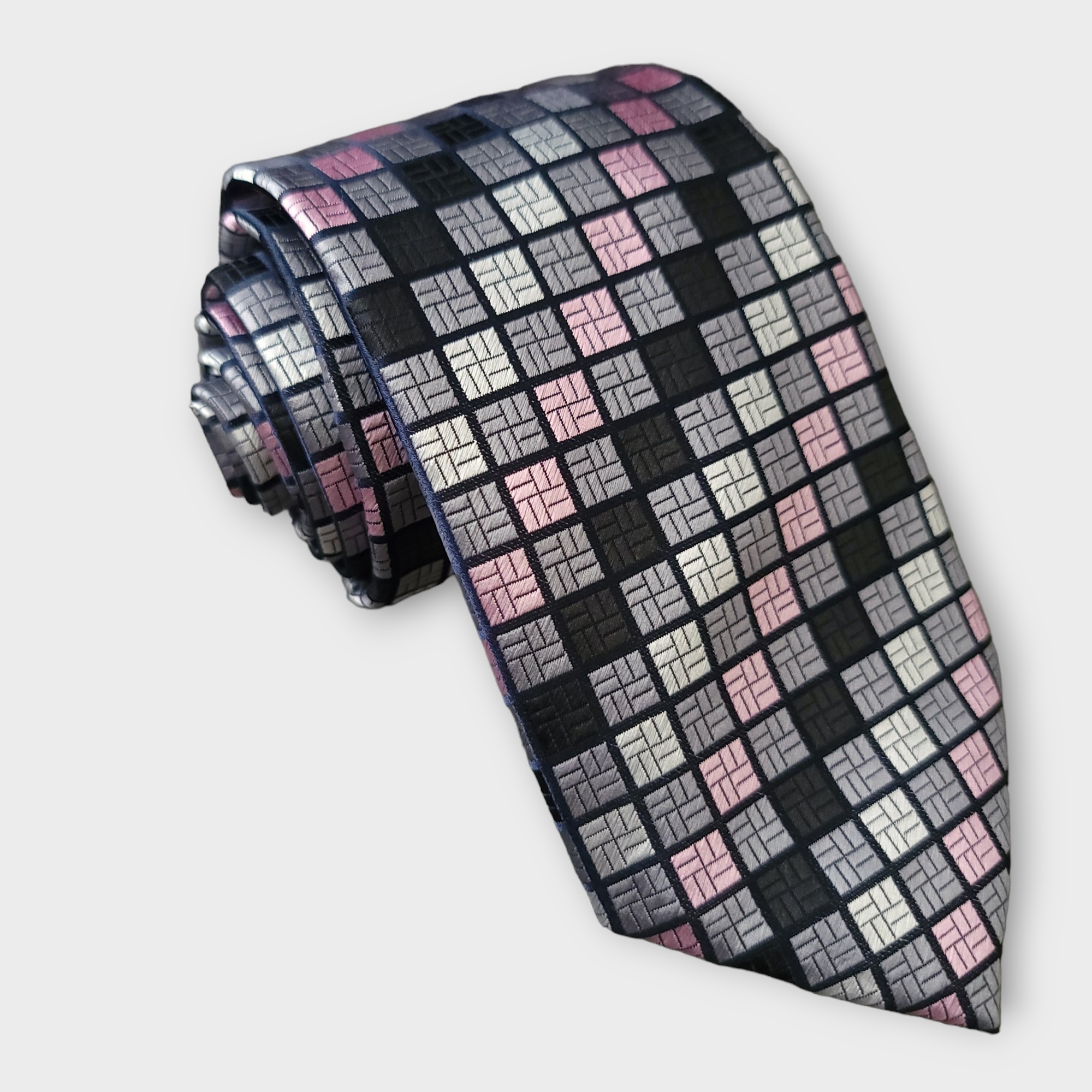 Extra Long Black Gray Pink Plaid Tie Pocket Square Cufflink Set