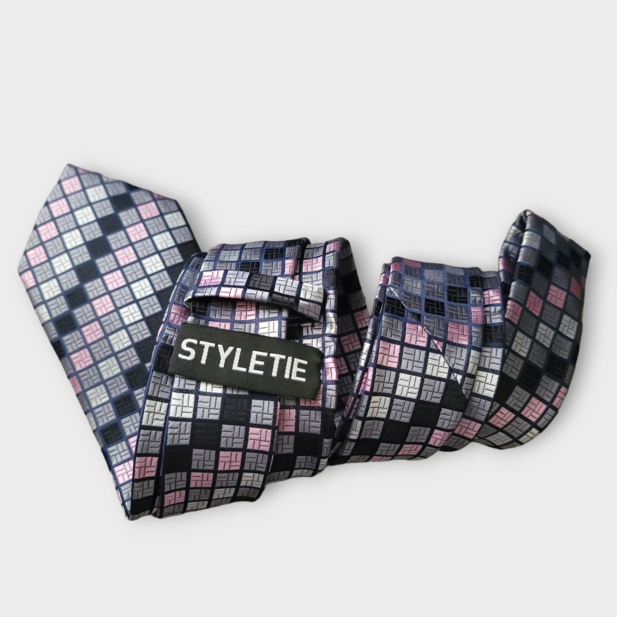 Extra Long Black Gray Pink Plaid Tie Pocket Square Cufflink Set