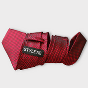 Extra Long Red Geometric Tie Pocket Square Cufflink Set