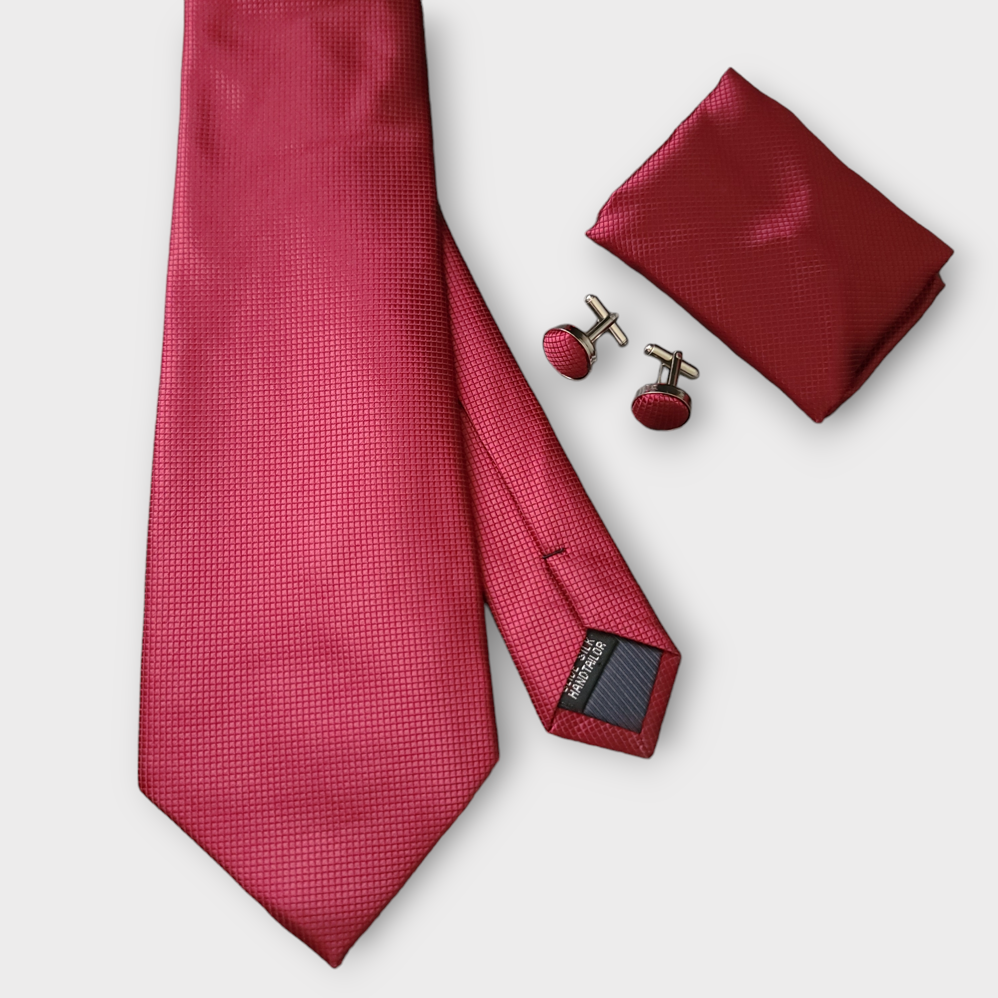 Extra Long Wine Solid Tie Pocket Square Cufflink Set