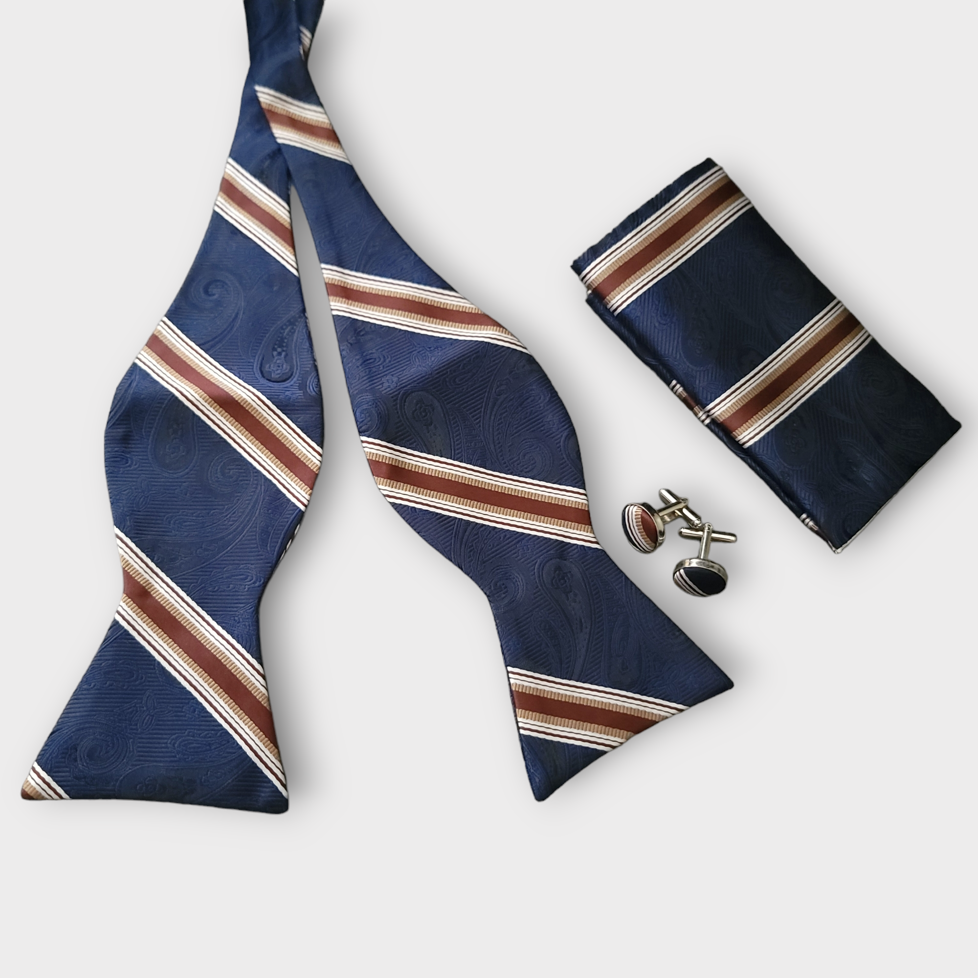 Blue Brown stripe Silk Bowtie Pocket Square Cufflink Set