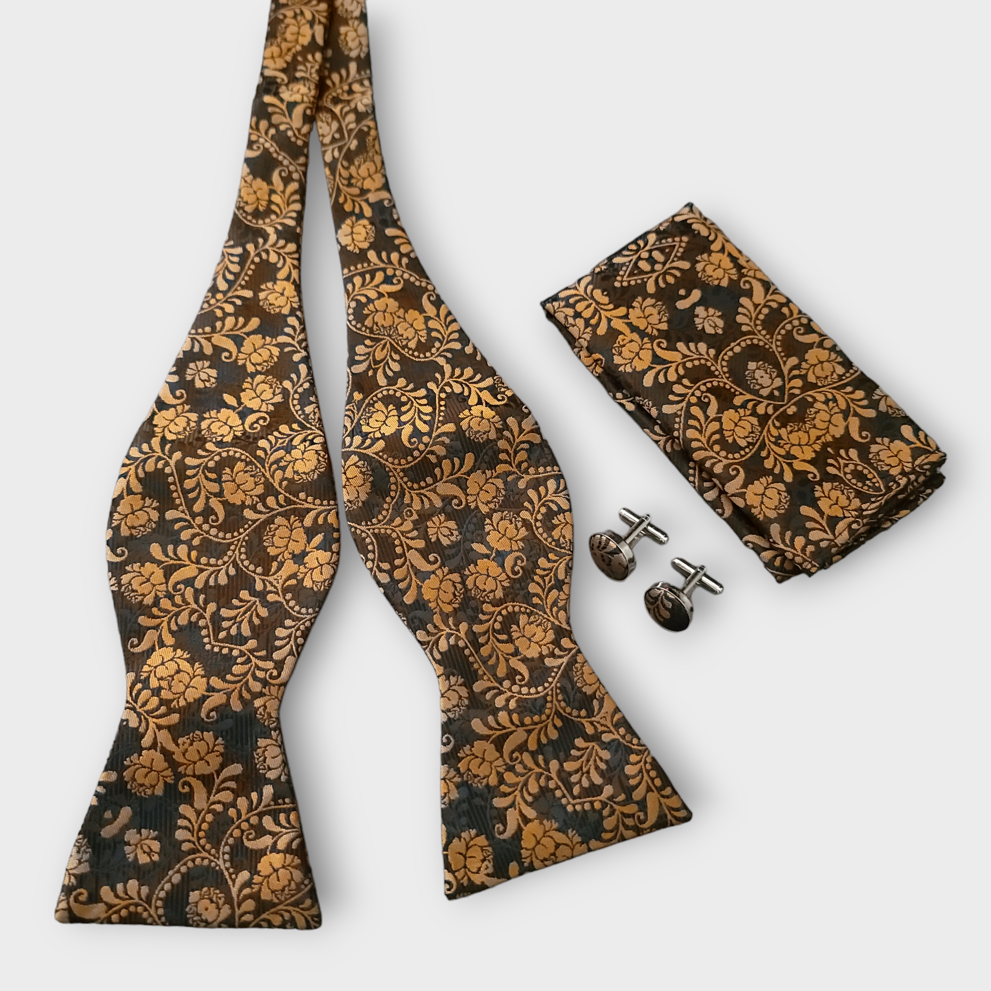 Black Gold Floral Silk Bowtie Pocket Square Cufflink Set