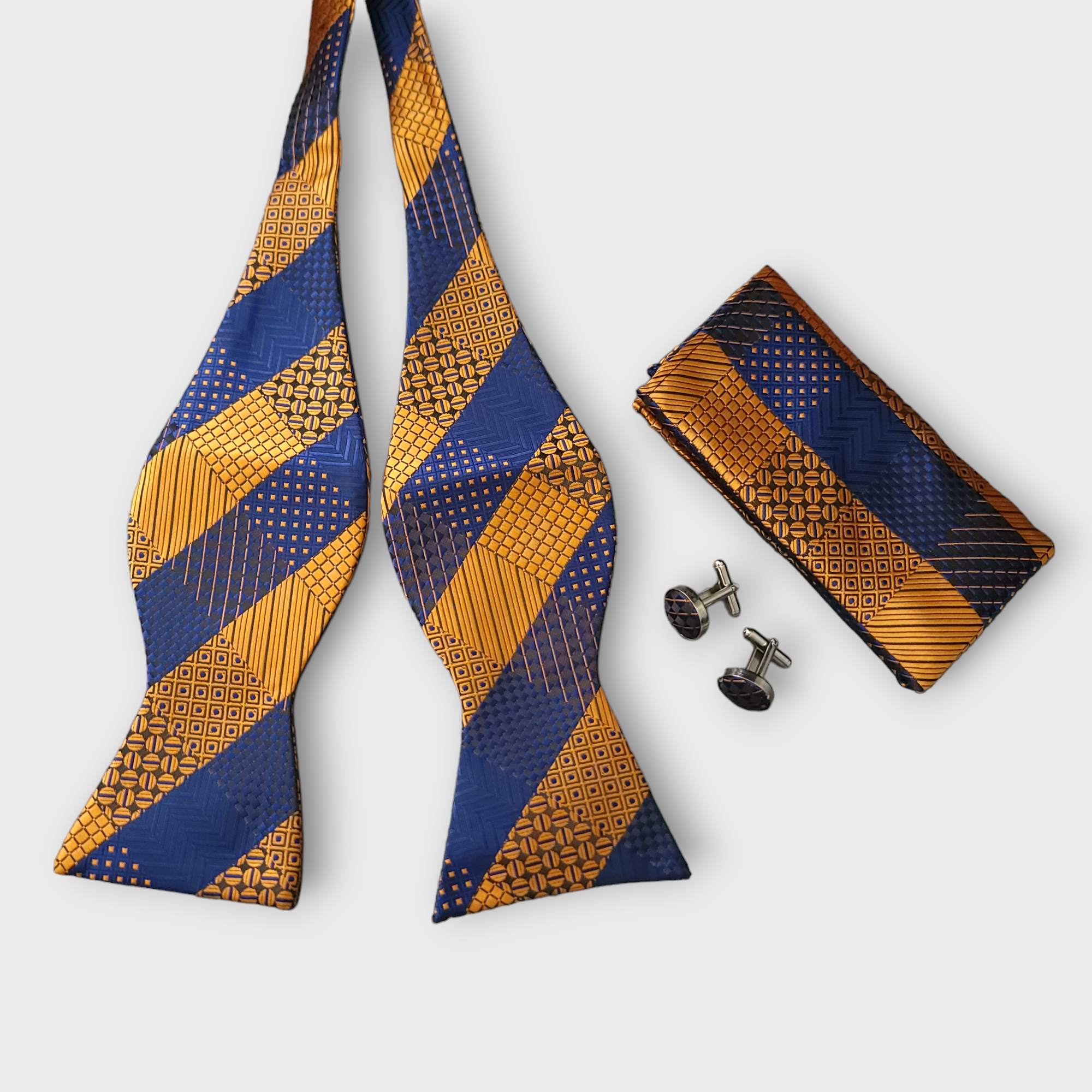 Navy Blue Gold Plaid Silk Bowtie Pocket Square Cufflink Set