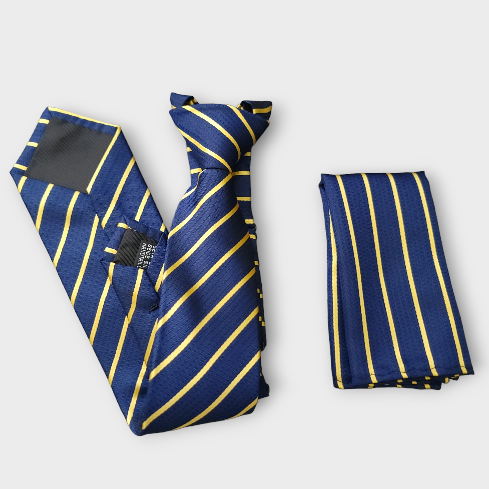 Navy Blue Yellow Stripe Boys Pre-tied Adjustable Neck Strap Tie