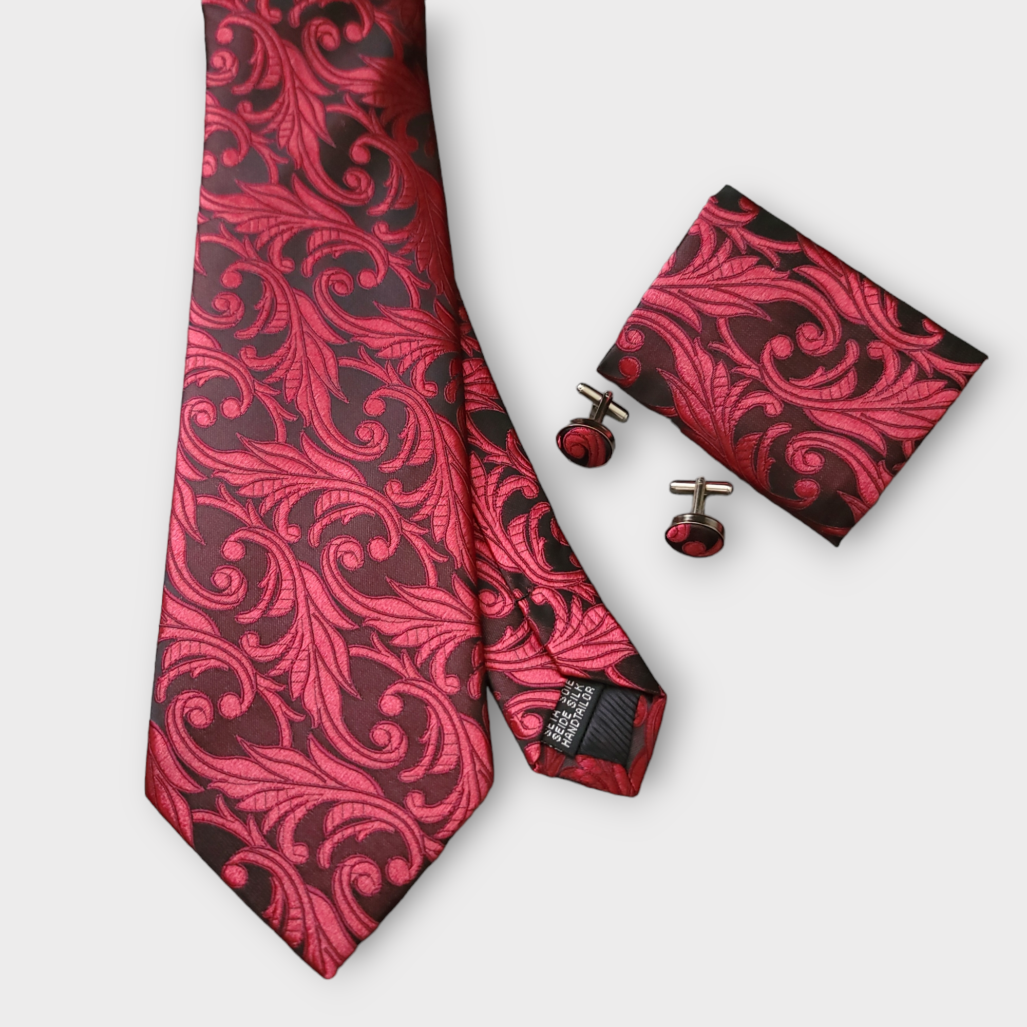 Burgundy Floral Silk Tie Set of Pocket Square and Cufflinks