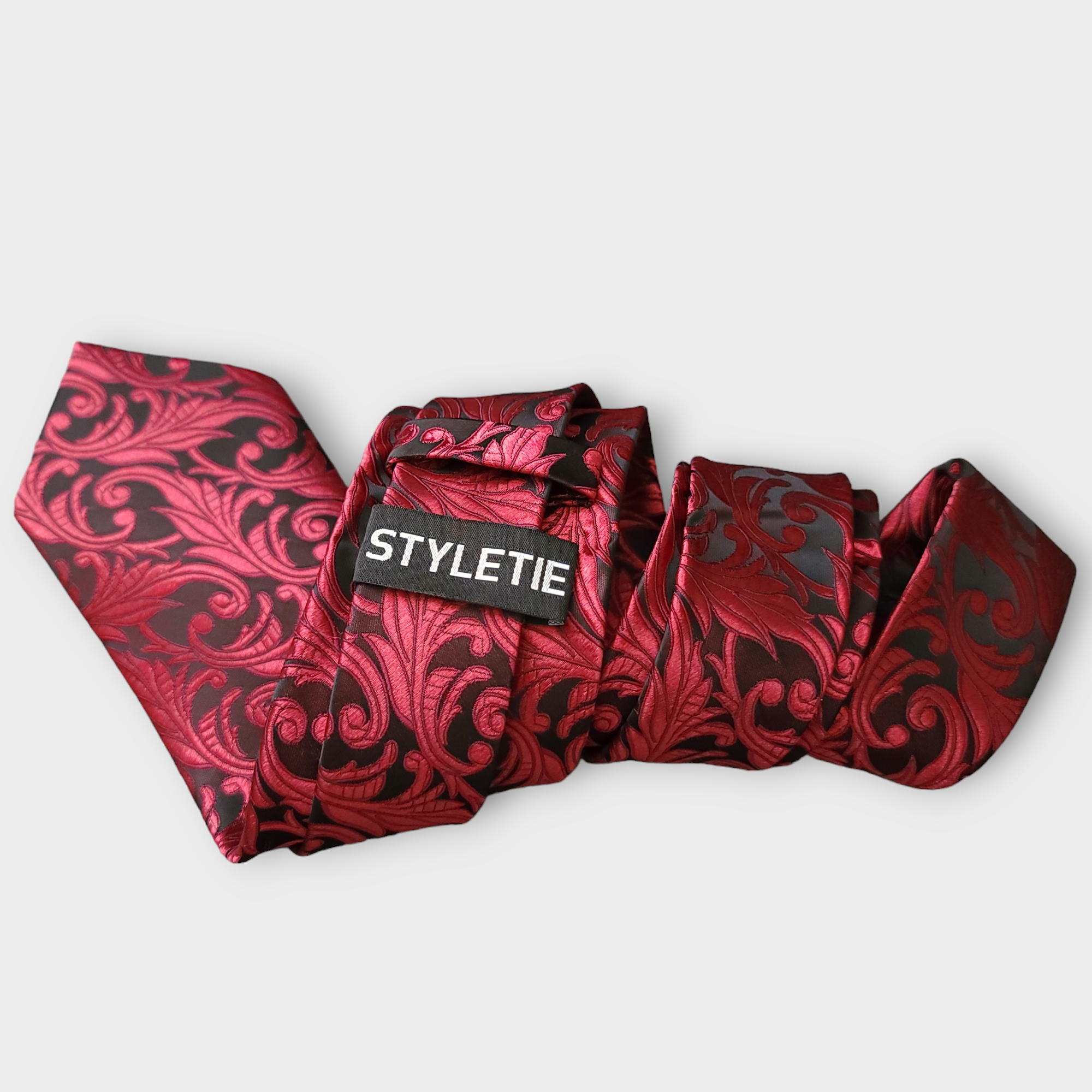 Burgundy Floral Silk Tie Set of Pocket Square and Cufflinks