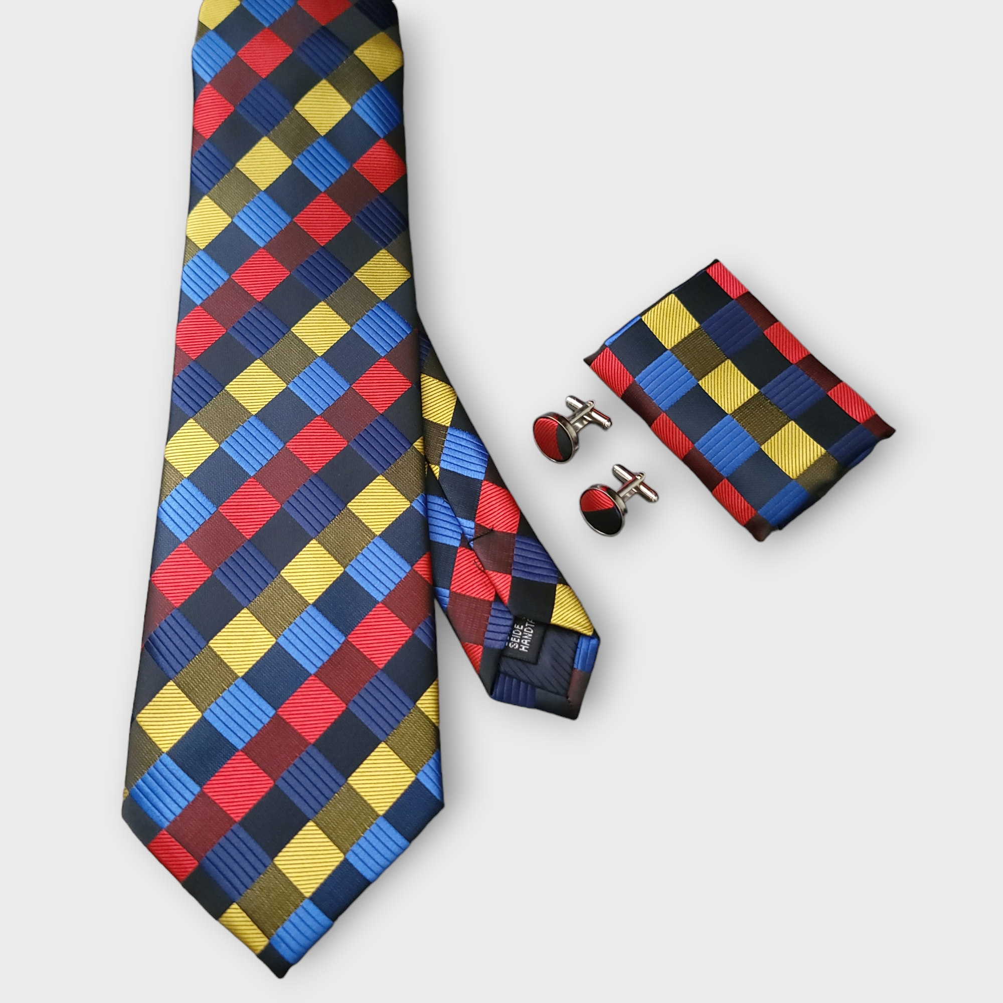 Black Blue Red Yellow Geometric Silk Tie Pocket Square & Cufflinks Set