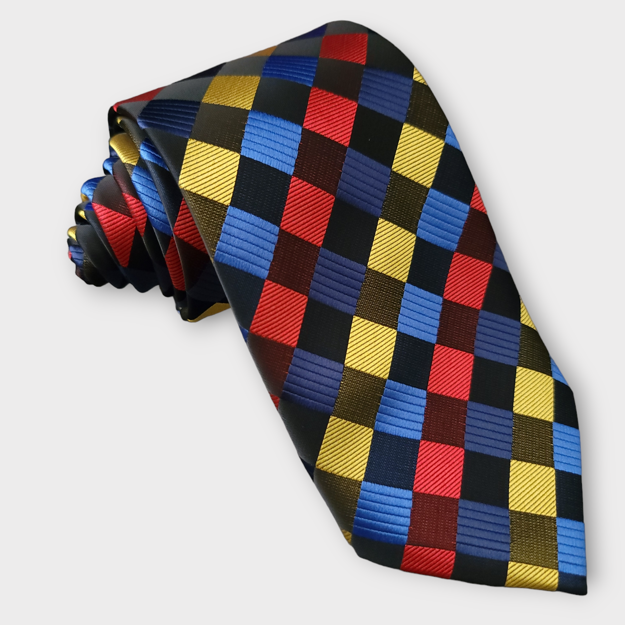 Black Blue Red Yellow Geometric Silk Tie Pocket Square & Cufflinks Set