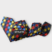 Black Blue Red Yellow Geometric Silk Tie Pocket Square & Cufflinks Set