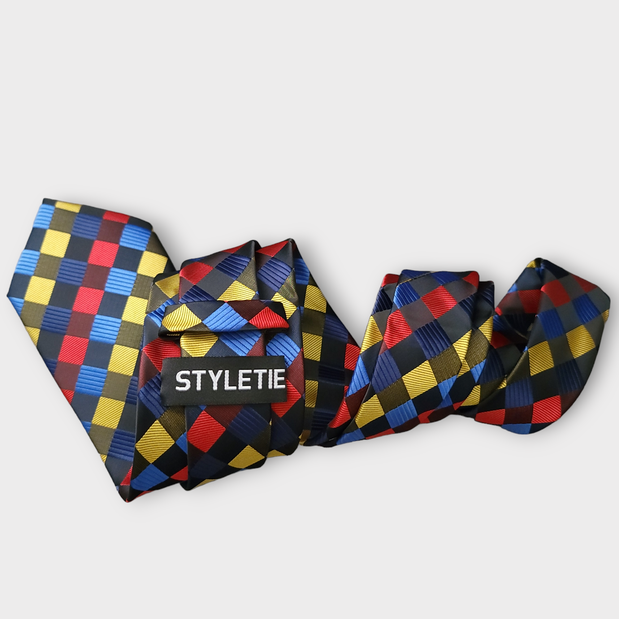 Black Blue Red Yellow Geometric Silk Tie Pocket Square & Cufflinks Set