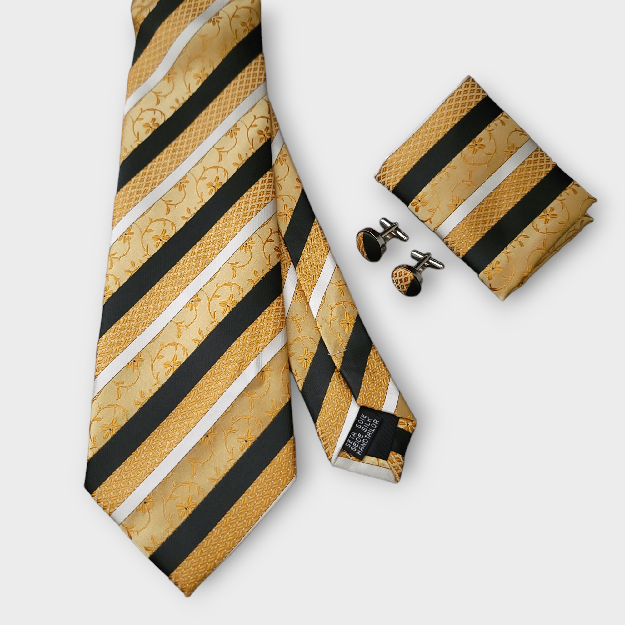 Gold Black Stripe Floral Silk Tie Pocket Square Cufflink Set