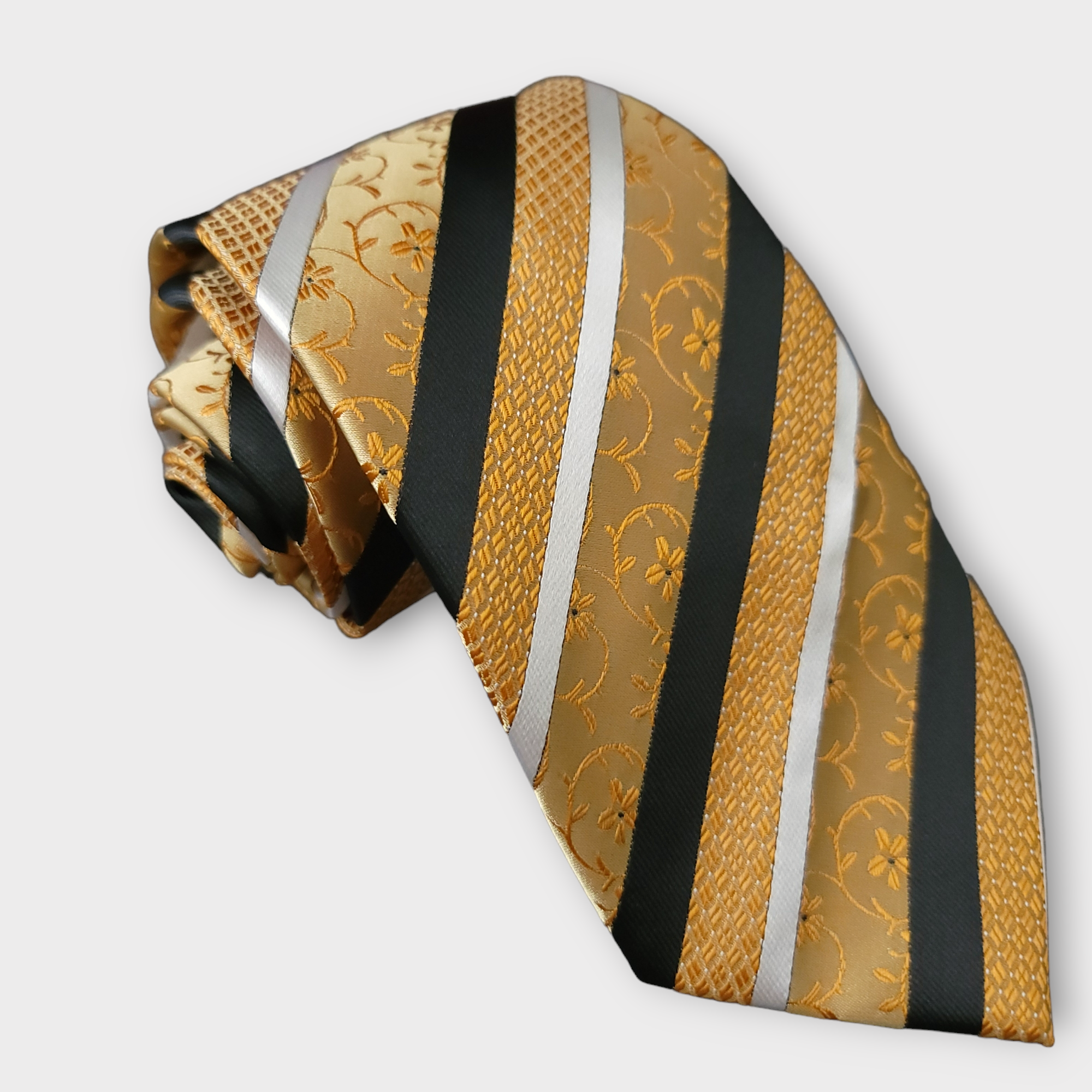 Gold Black Stripe Floral Silk Tie Pocket Square Cufflink Set