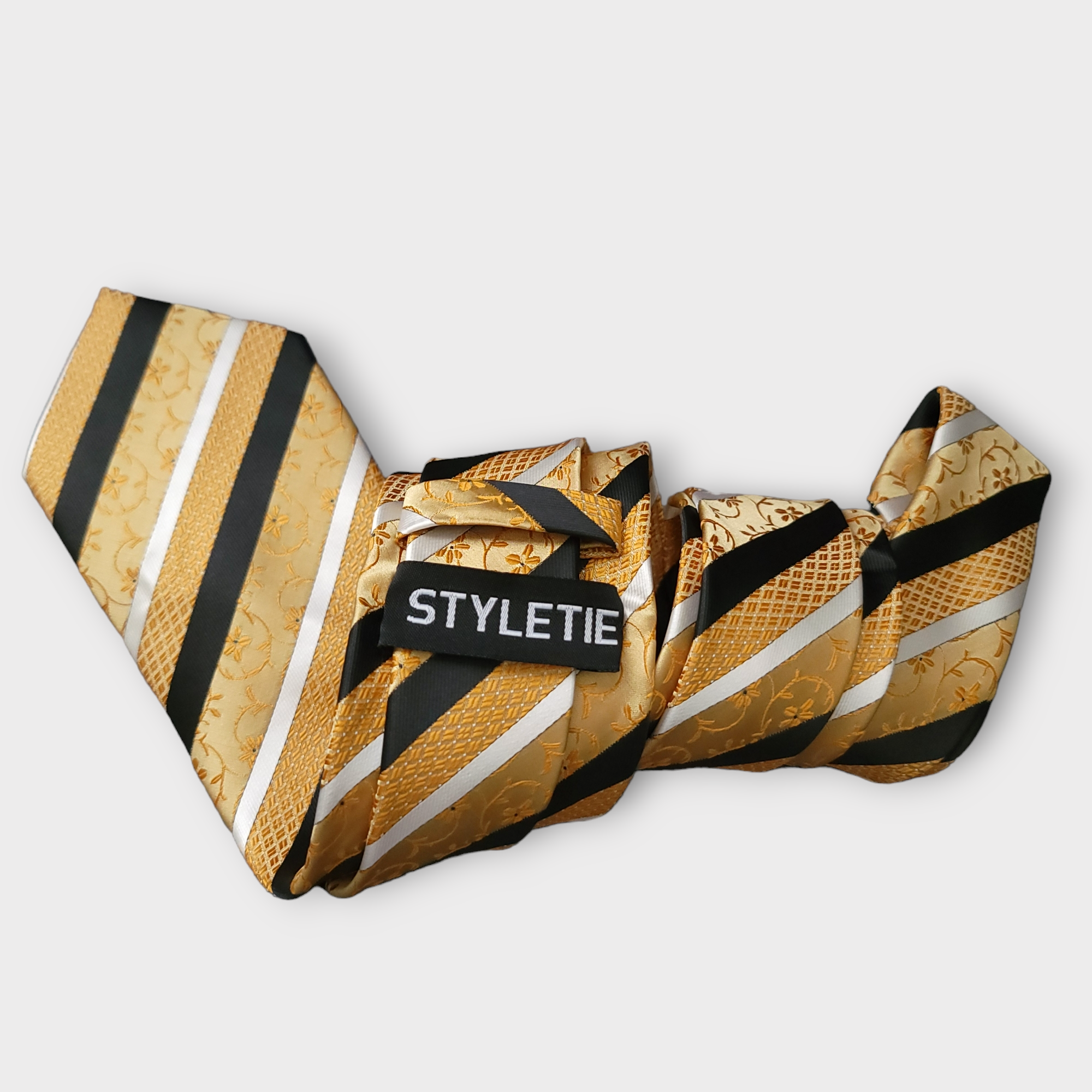 Gold Black Stripe Floral Silk Tie Pocket Square Cufflink Set