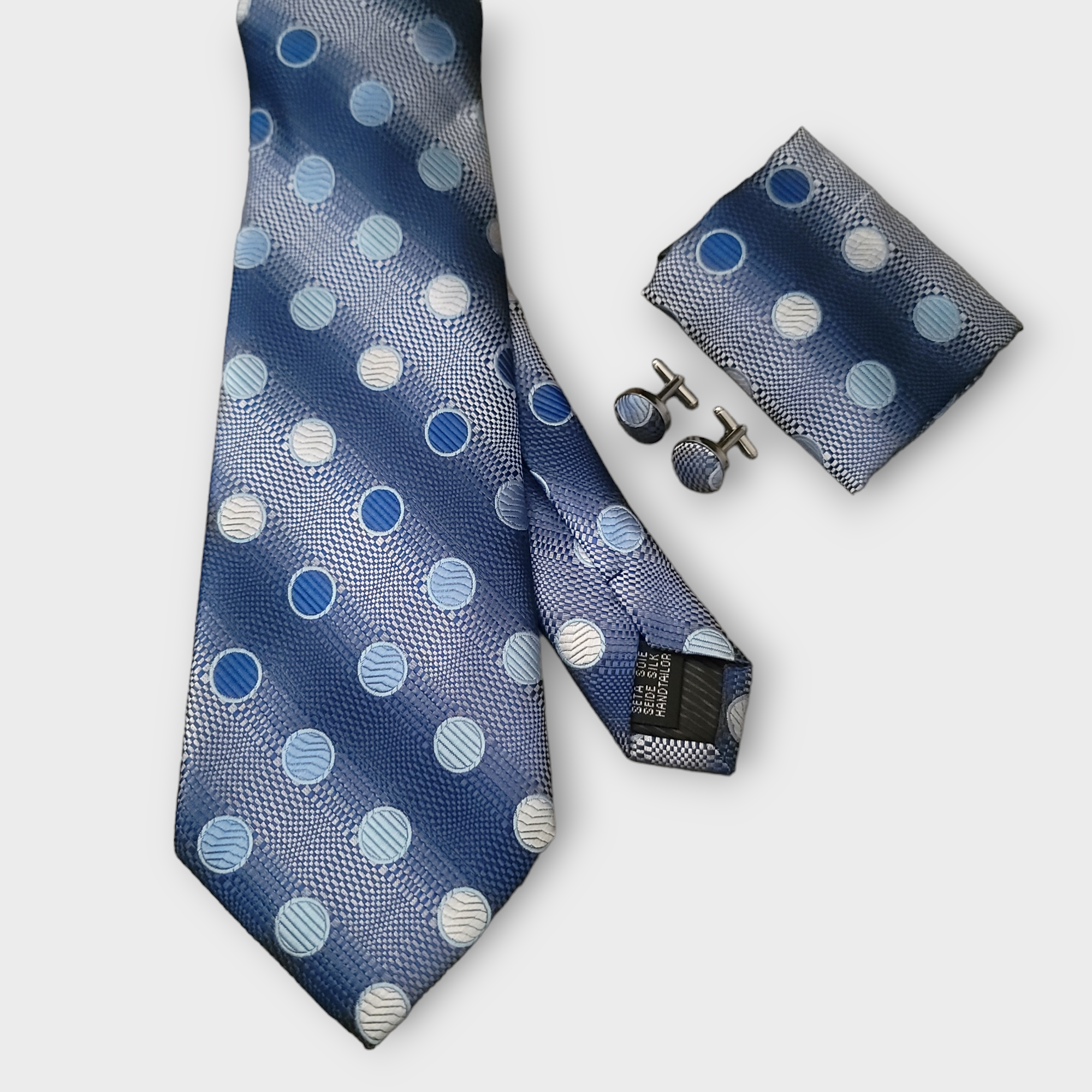Navy Blue Polka Dot Silk Tie Pocket Square Cufflinks Set