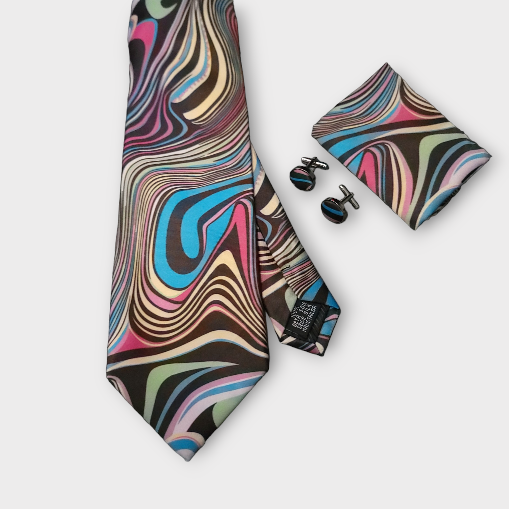 Multicolor Novelty Print Silk Tie Pocket Square Cufflink Set