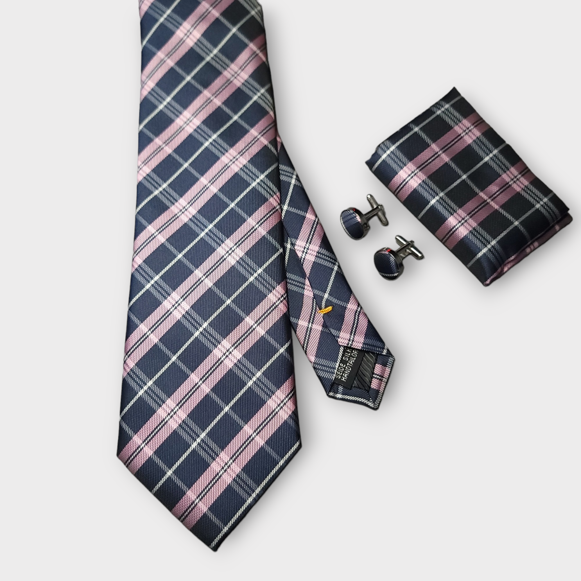 Blue Pink Striped Silk Tie Pocket Square Cufflink Set