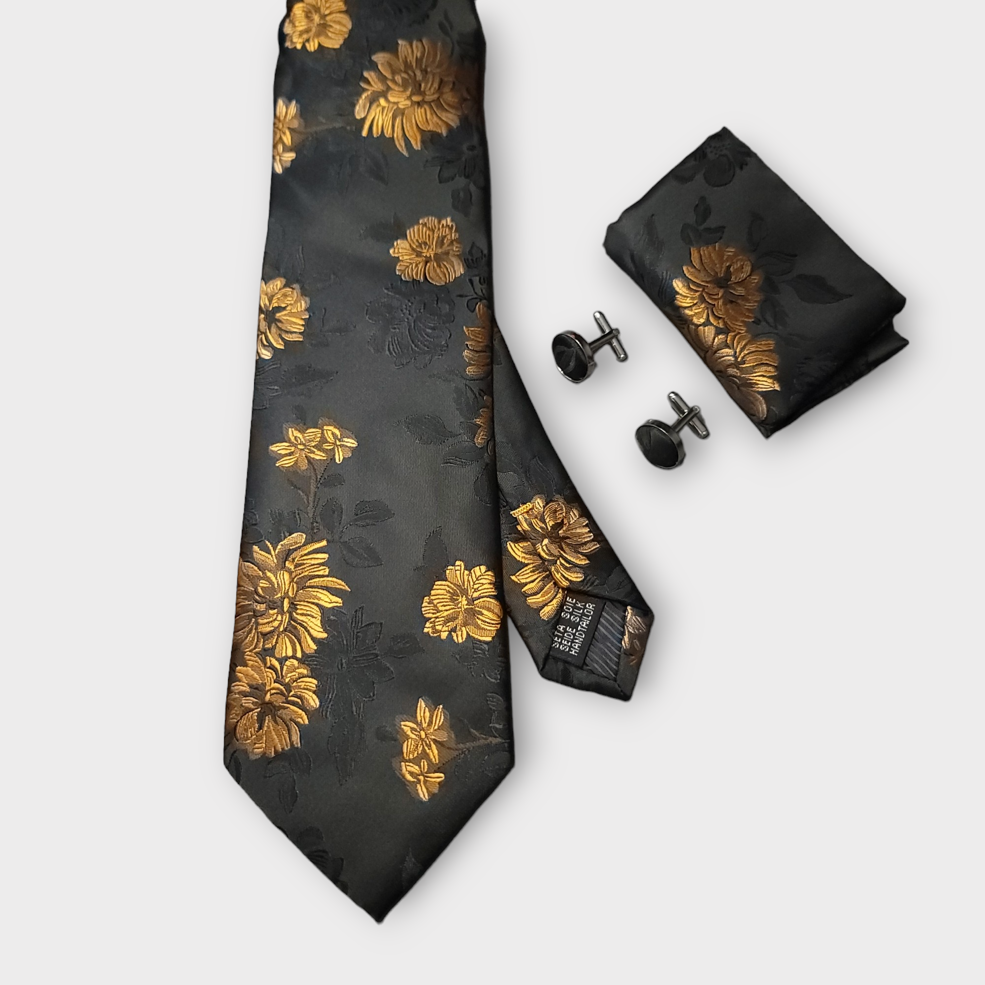 Black Gold Floral Silk Tie Pocket Square Cufflink Set