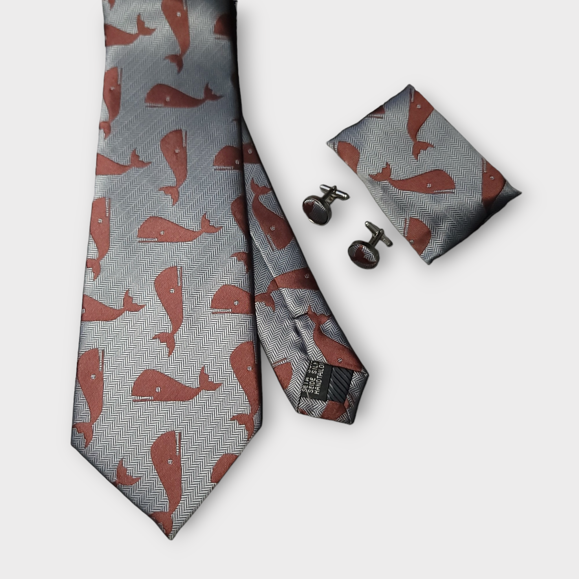 Gray Brown Whale Silk Tie Pocket Square Cufflinks Set