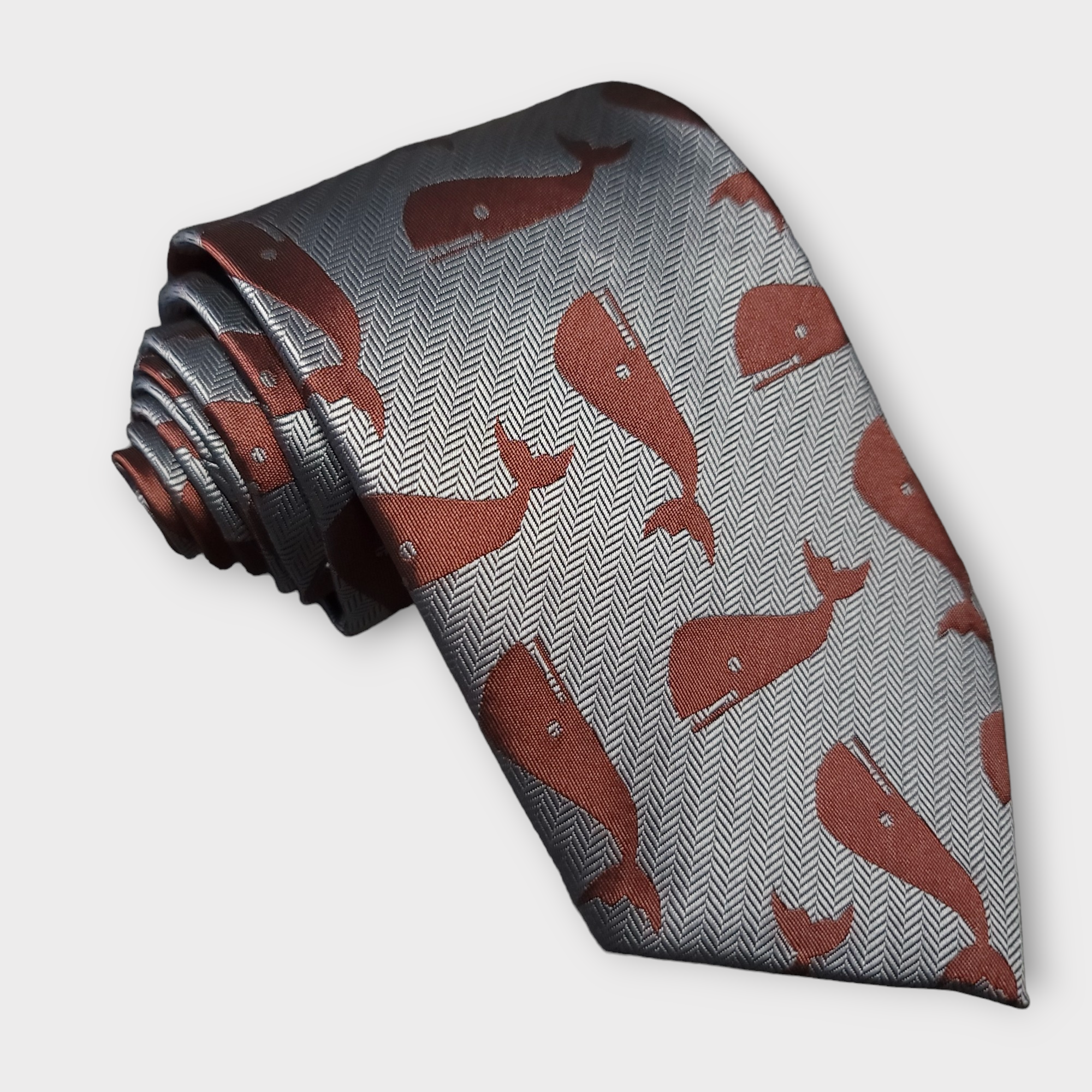 Gray Brown Whale Silk Tie Pocket Square Cufflinks Set